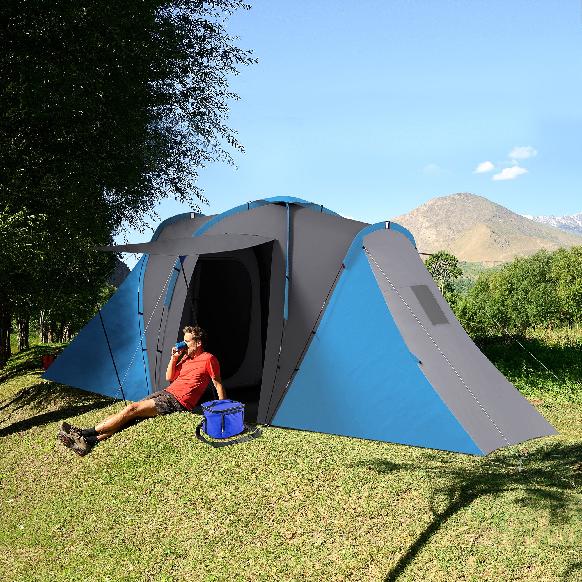 Tenda de Campismo Familiar para 4-6 Pessoas Cinza e Azul 555x225x190 cm