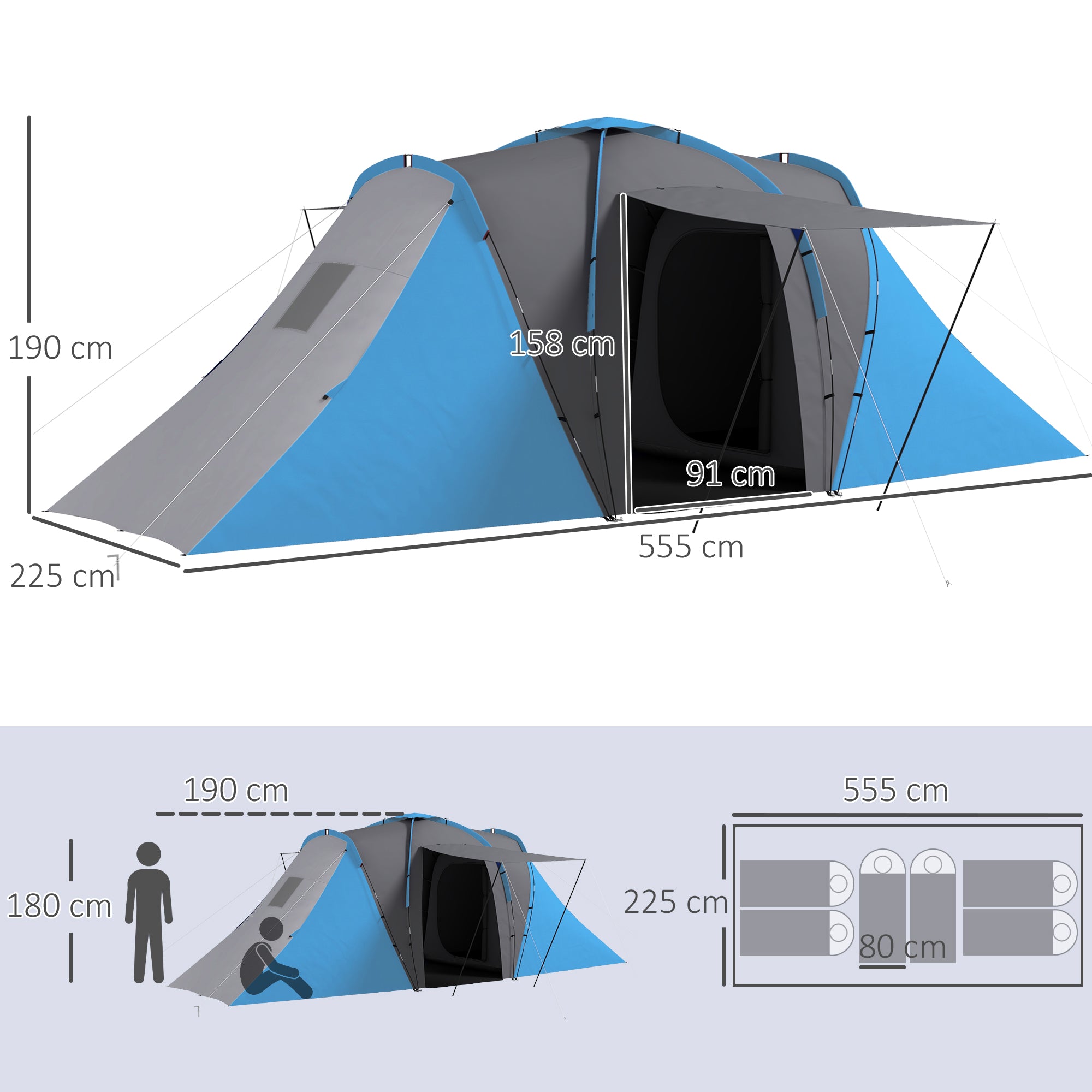 Tenda de Campismo Familiar para 4-6 Pessoas Cinza e Azul 555x225x190 cm