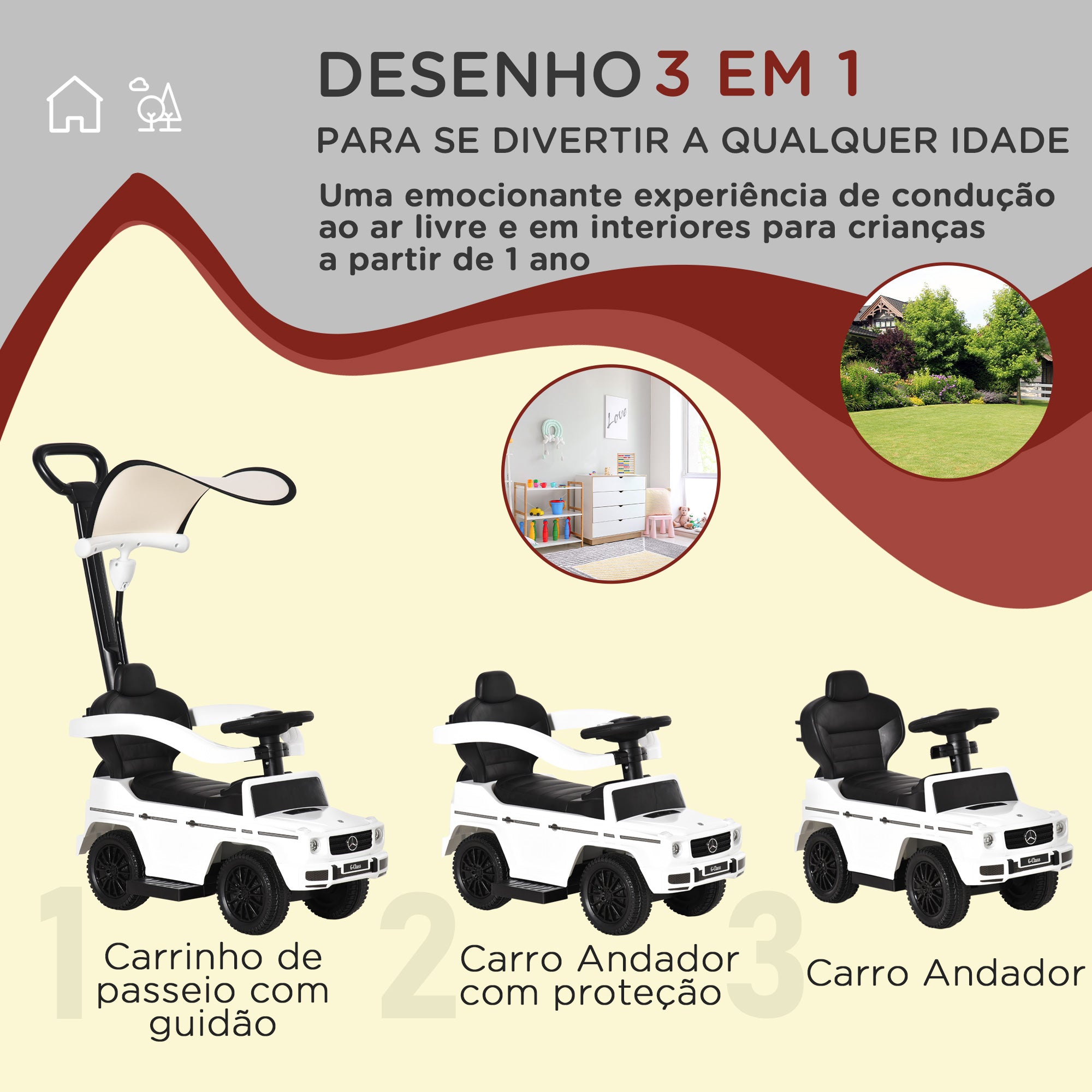 Carro de Passeio Andador para Crianças 85.5x40.5x95cm - Branco