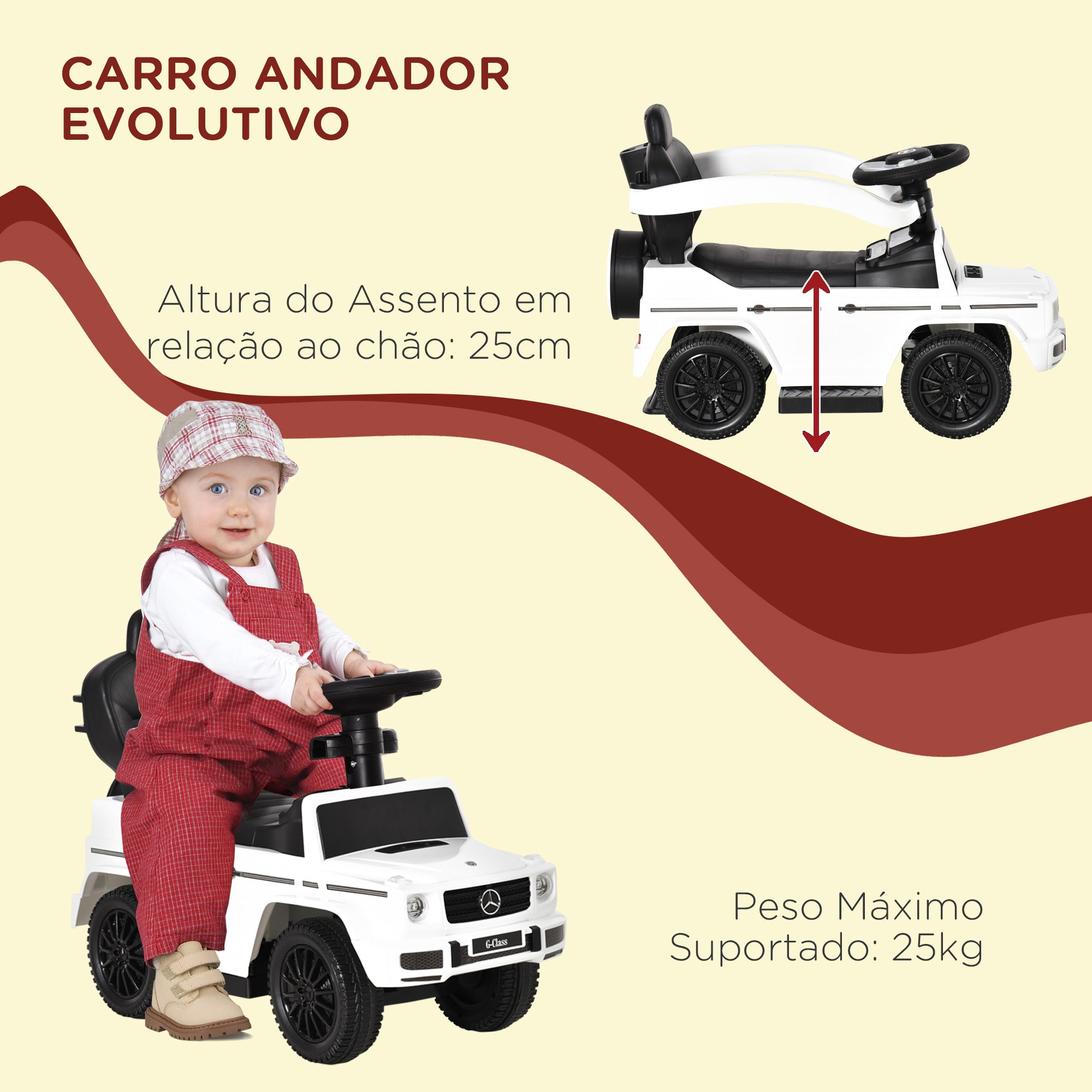 Carro de Passeio Andador para Crianças 85.5x40.5x95cm - Branco