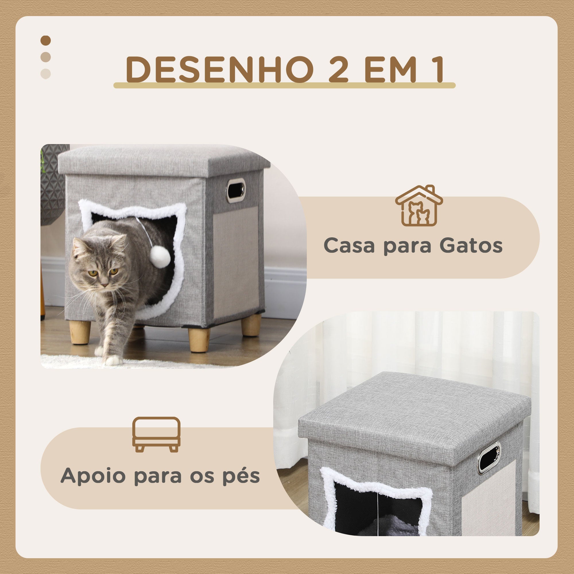 Cama Caverna para Gatos 2 em 1 – 35,5x35,5x42,5 cm – Cinzenta – MDF