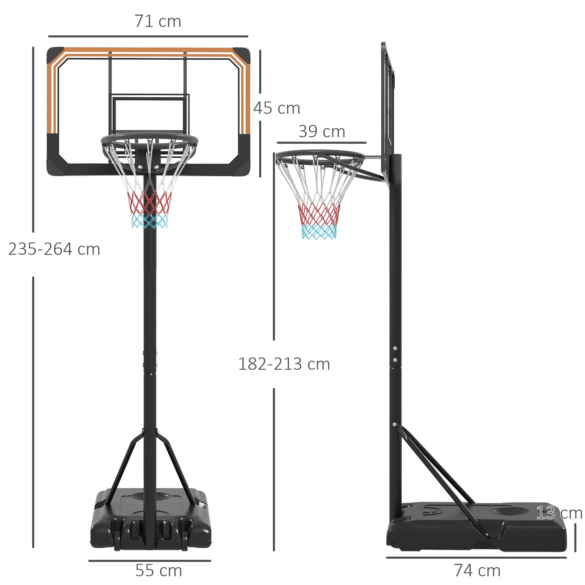 Tabela de Basquetebol de Exterior – 71x45x235-264 cm – Preto – PE, Aço e Poliéster