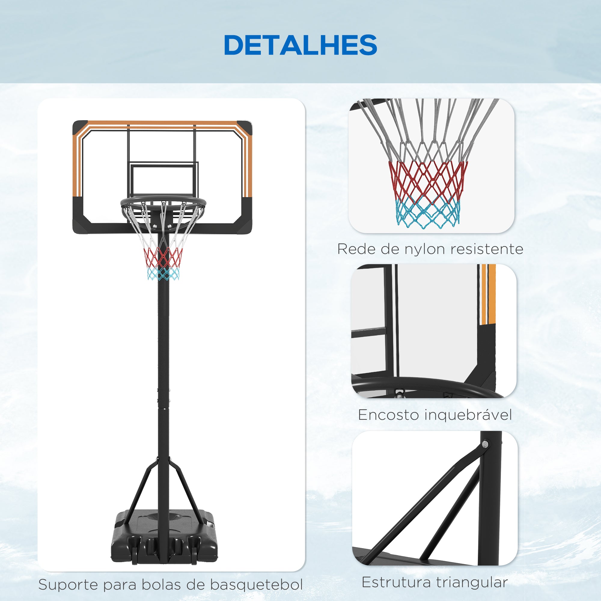 Tabela de Basquetebol de Exterior – 71x45x235-264 cm – Preto – PE, Aço e Poliéster