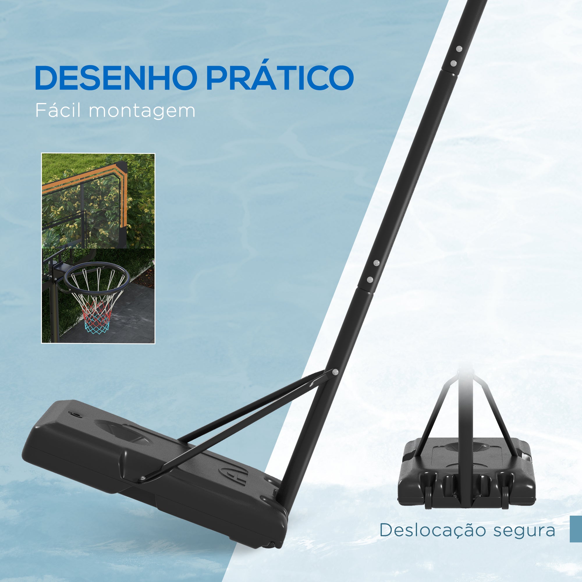 Tabela de Basquetebol de Exterior – 71x45x235-264 cm – Preto – PE, Aço e Poliéster
