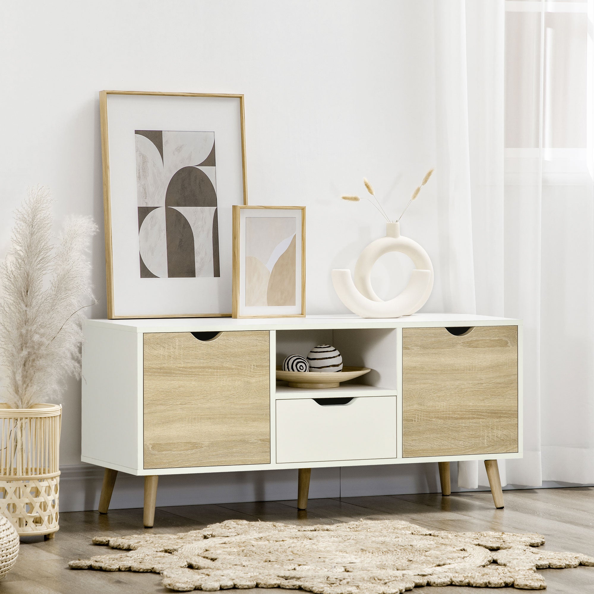 Móvel de TV com Gaveta 2 Portas e Prateleira 110x40x50cm Branco e Madeira