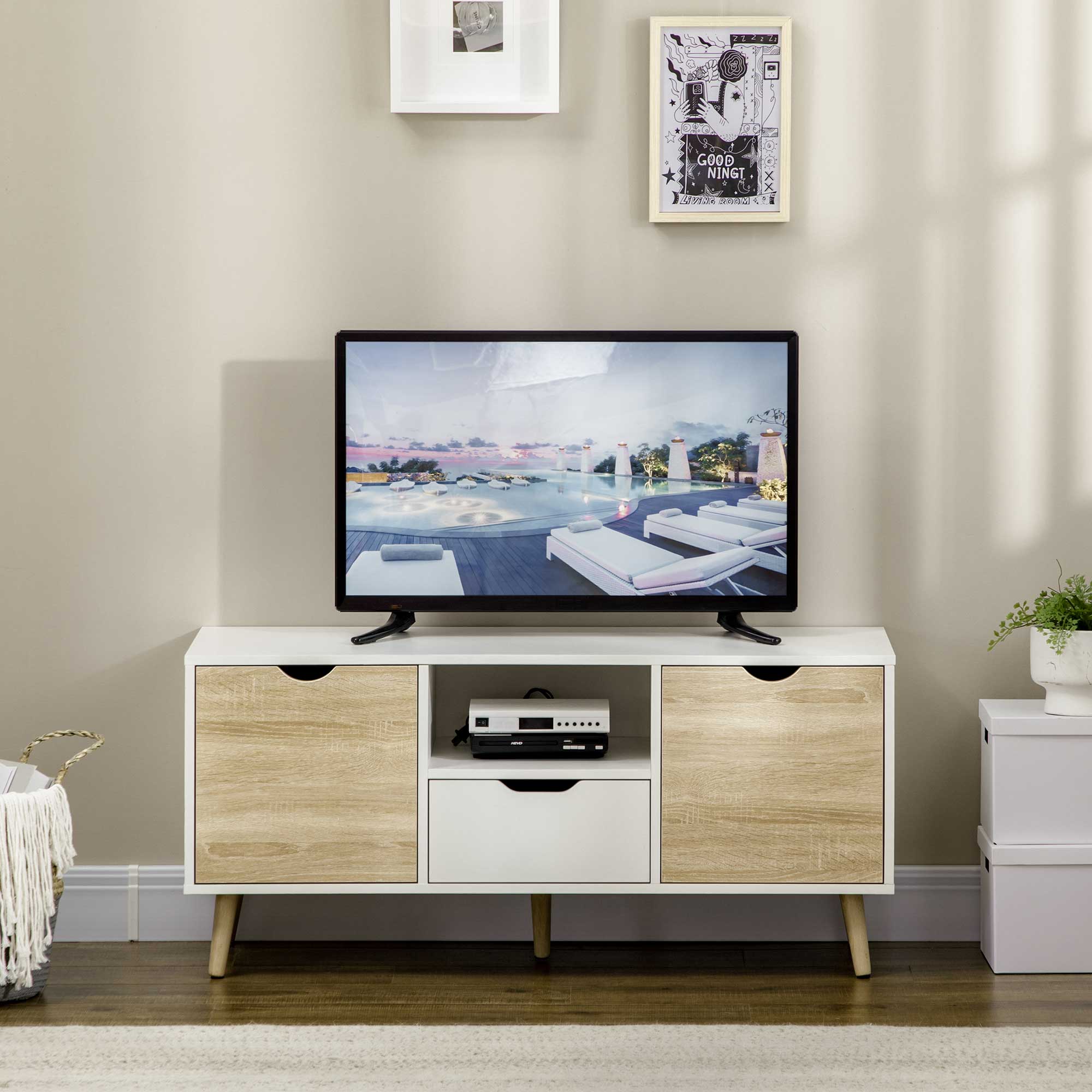 Móvel de TV com Gaveta 2 Portas e Prateleira 110x40x50cm Branco e Madeira