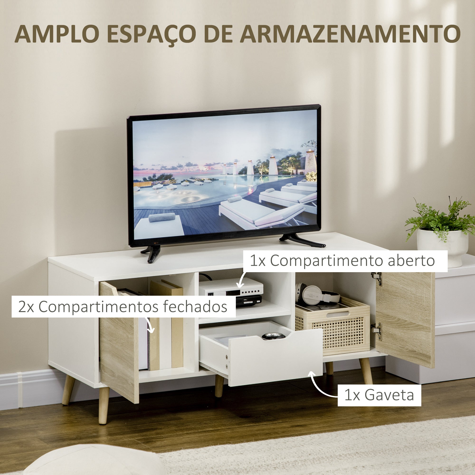 Móvel de TV com Gaveta 2 Portas e Prateleira 110x40x50cm Branco e Madeira