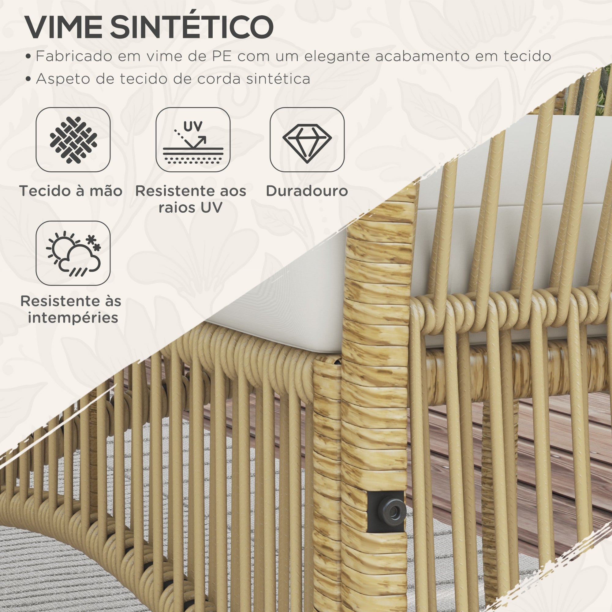 Conjunto de Sofá de Jardim de Vime Bege 100x56x80 cm - Sofá 2 Lugares, 2 Poltronas e Mesa de Centro