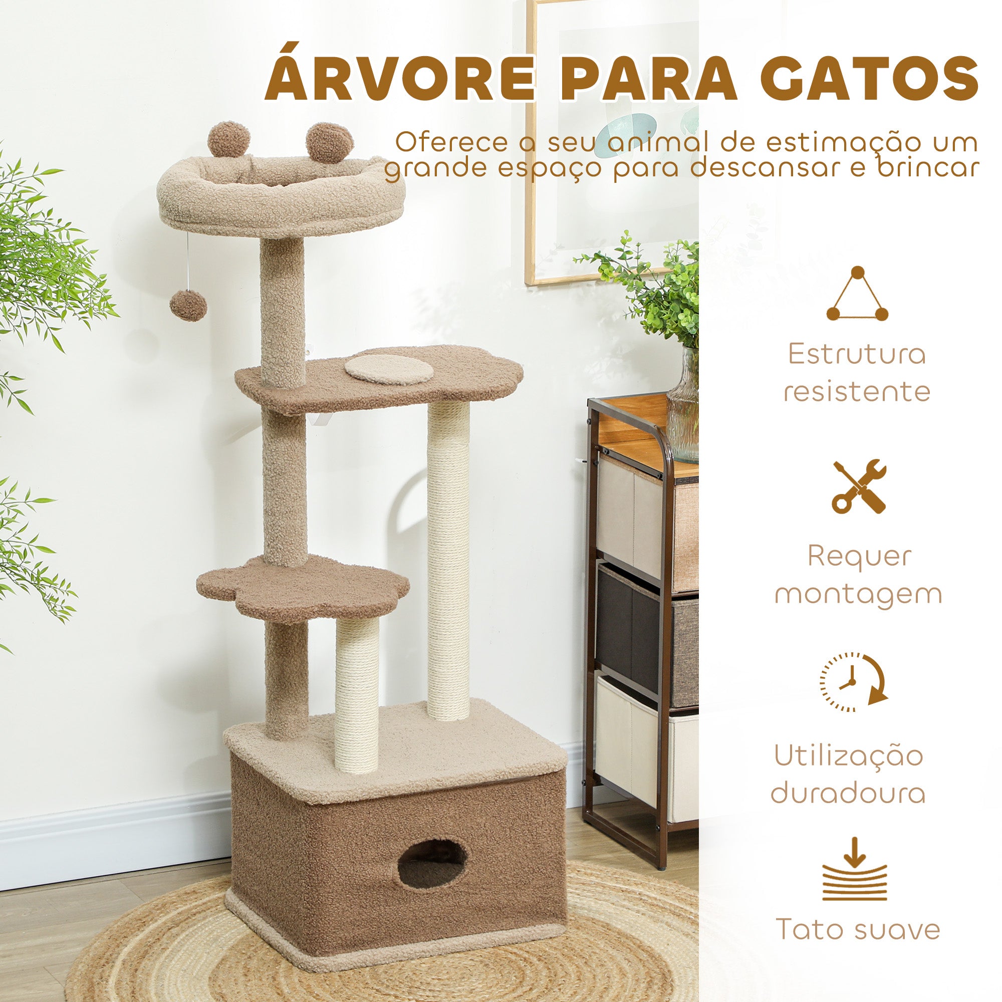 Arranhador para Gatos Marrom 48x40x133 cm com Cama, Caverna e Plataformas