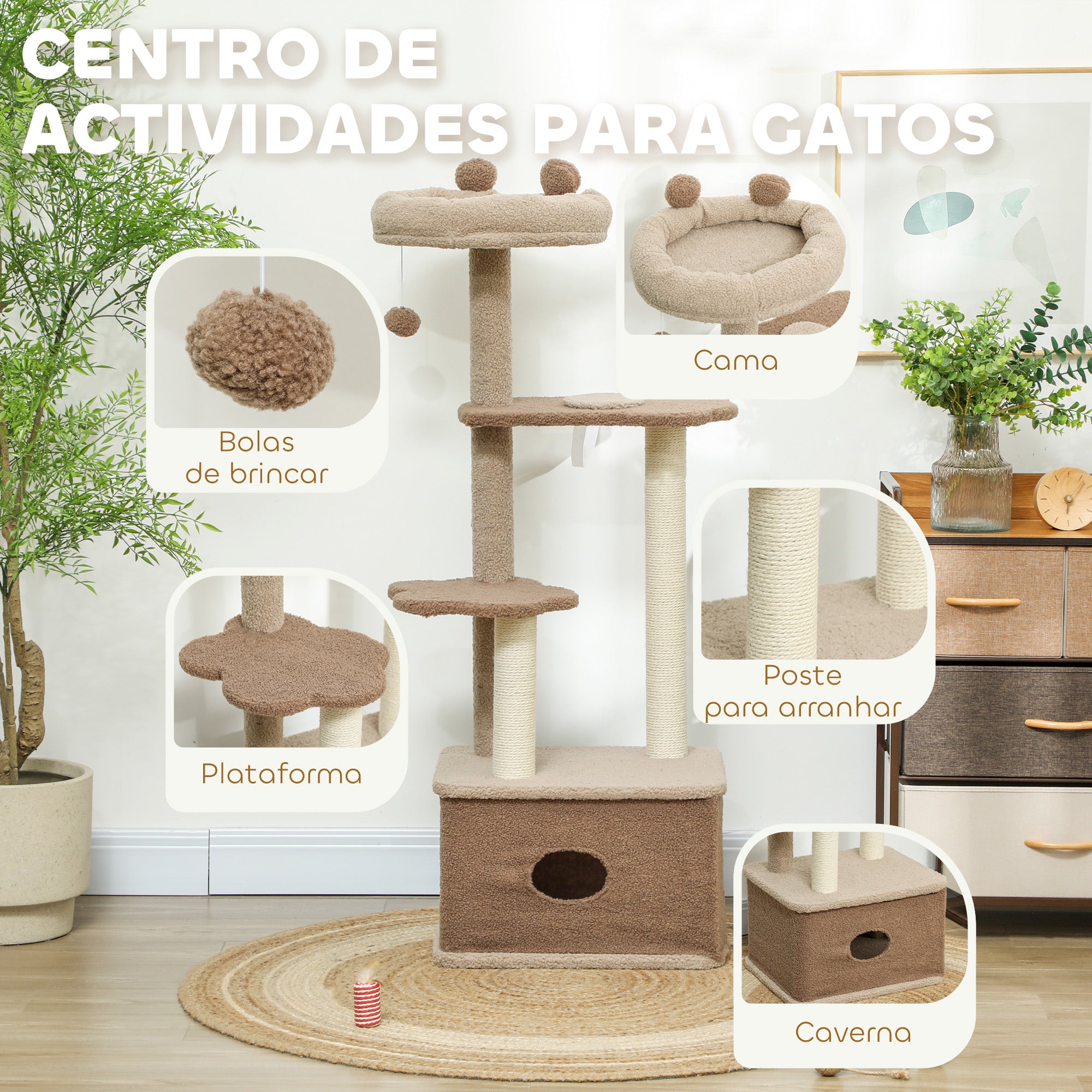 Arranhador para Gatos Marrom 48x40x133 cm com Cama, Caverna e Plataformas