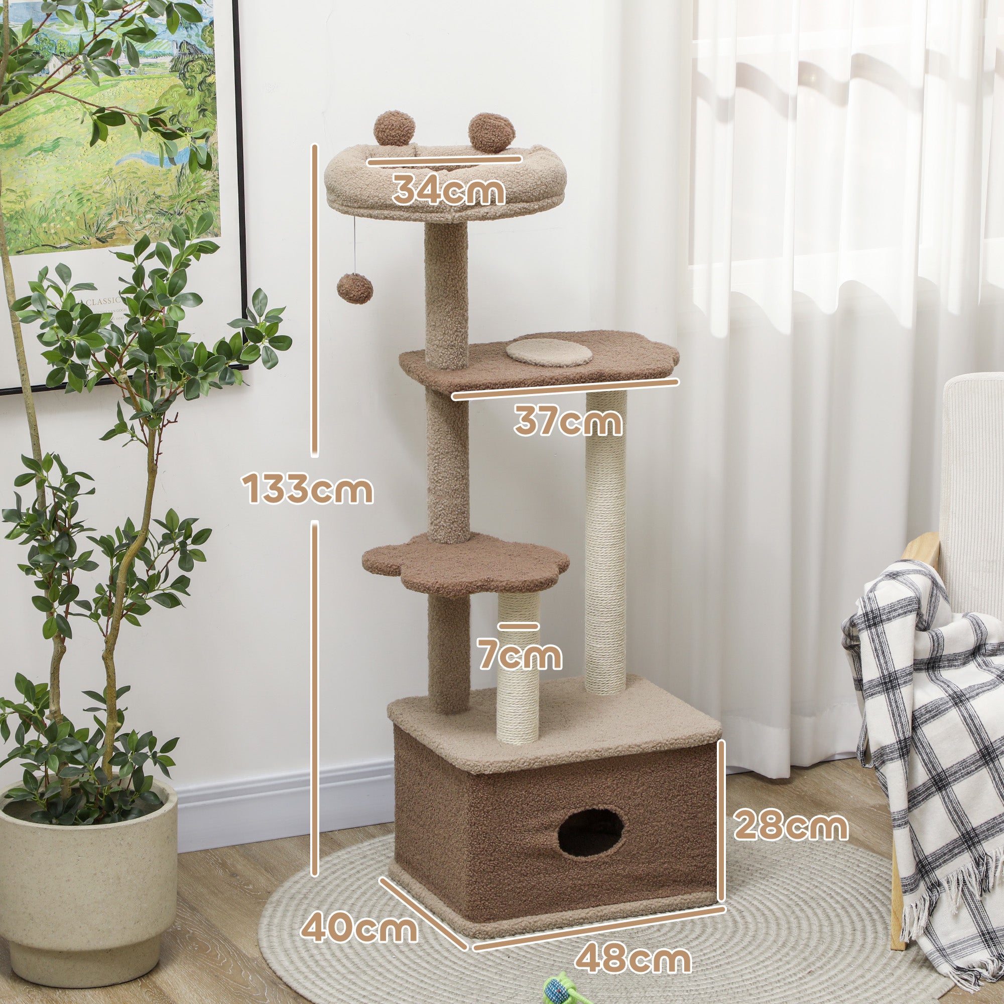 Arranhador para Gatos Marrom 48x40x133 cm com Cama, Caverna e Plataformas