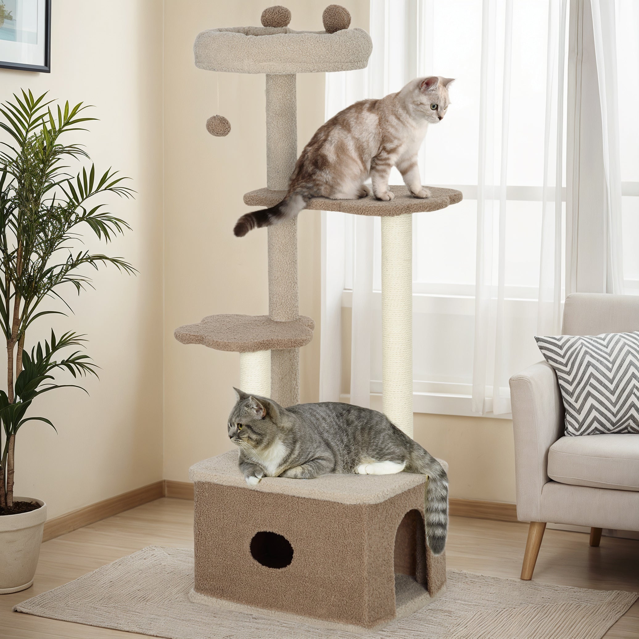 Arranhador para Gatos Marrom 48x40x133 cm com Cama, Caverna e Plataformas