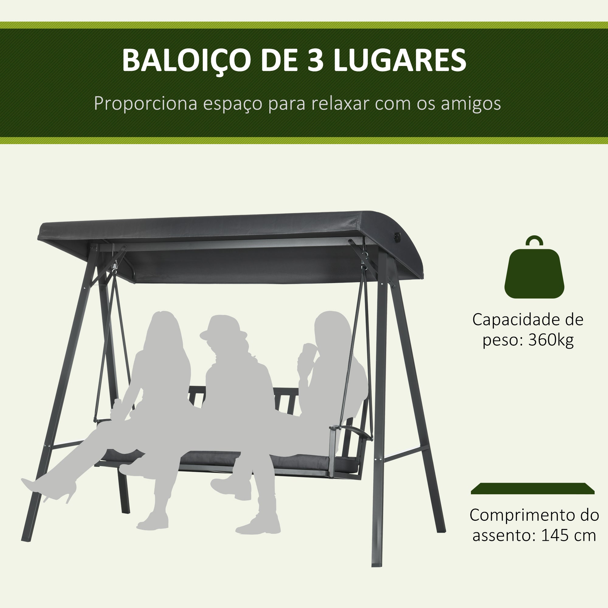 Baloiço de Jardim 3 Lugares 210x128x184 cm - Cinza Escuro