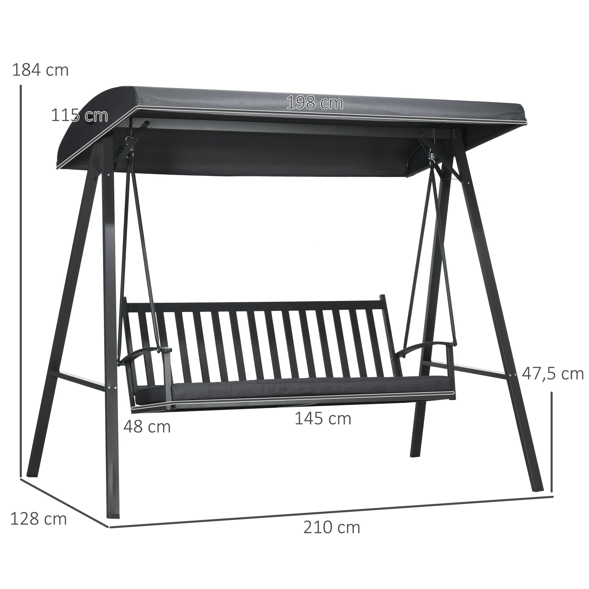 Baloiço de Jardim 3 Lugares 210x128x184 cm - Cinza Escuro