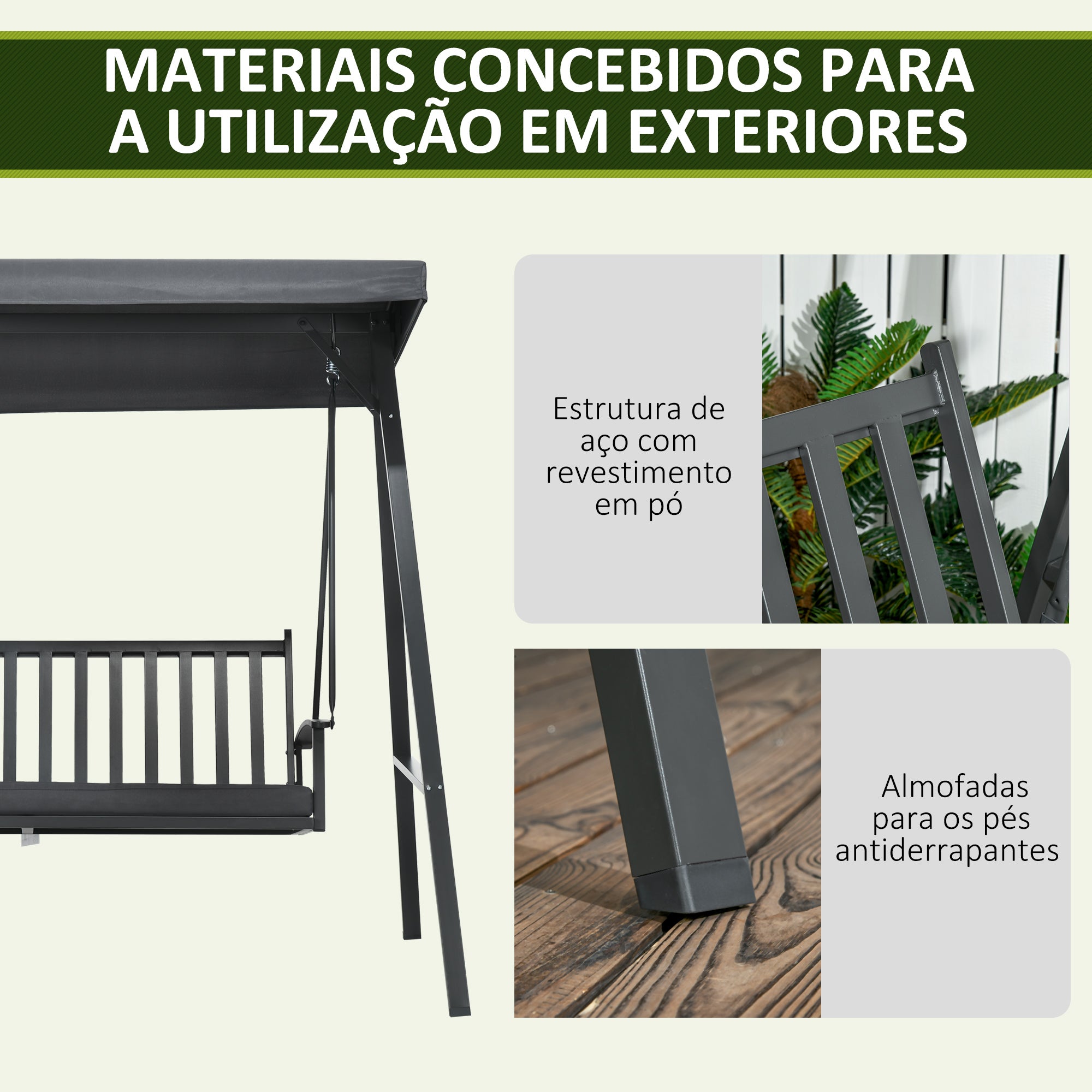 Baloiço de Jardim 3 Lugares 210x128x184 cm - Cinza Escuro
