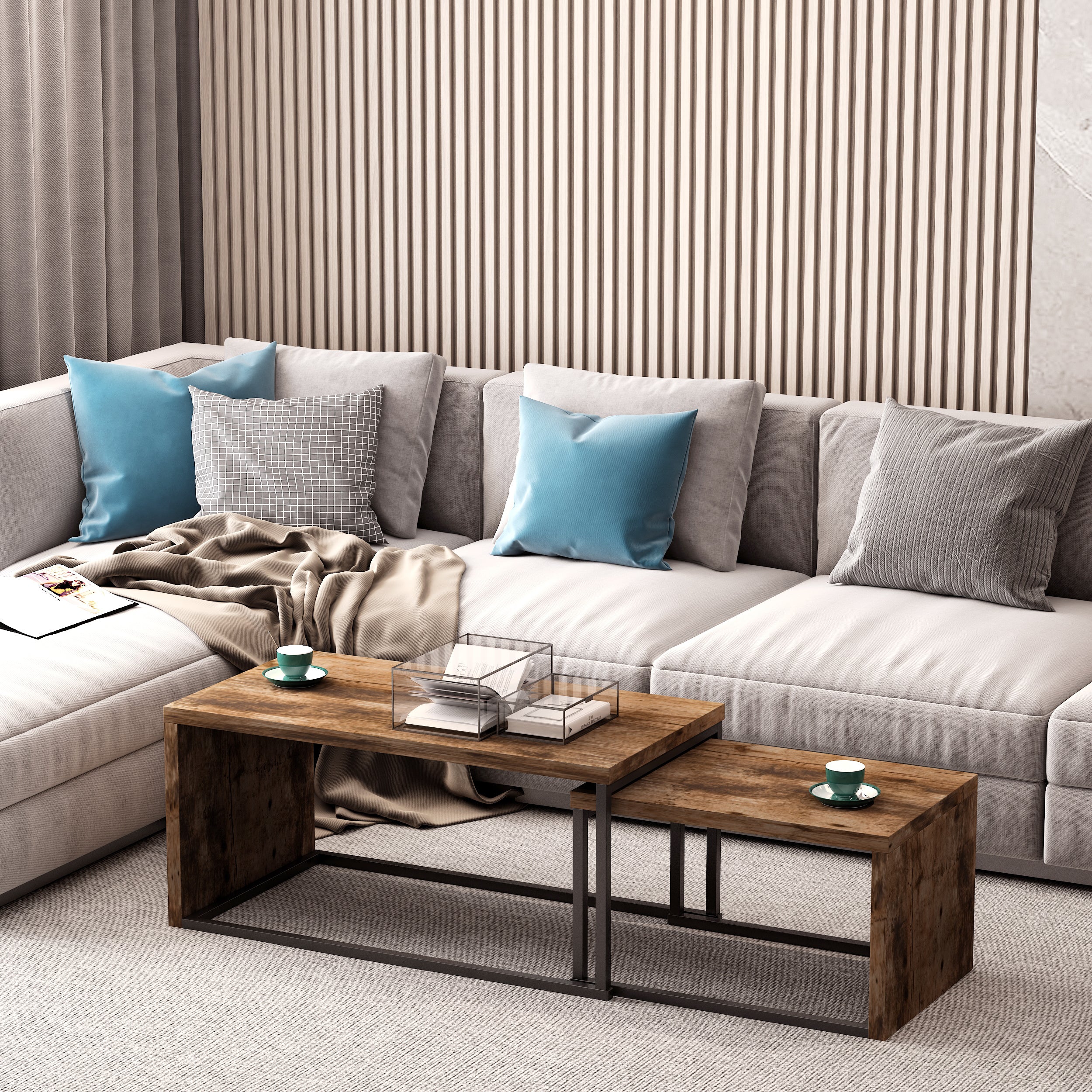 Conjunto de 2 Mesas de Centro Estilo Industrial - 90x48x42 cm - Castanho Rústico