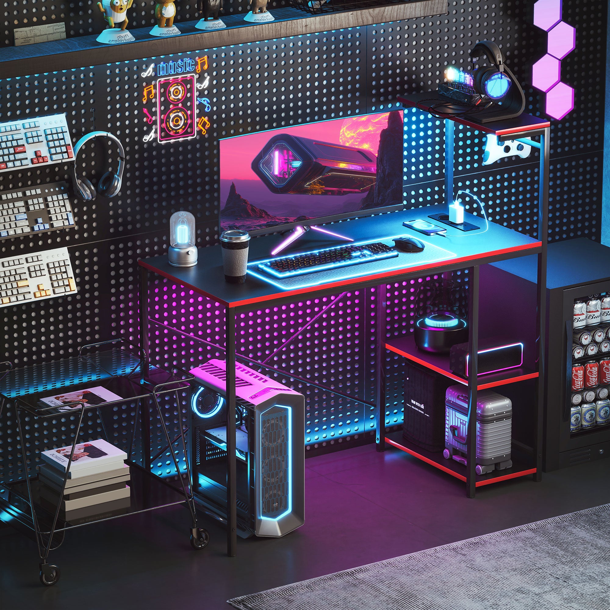 Secretária Gaming com Luzes LED 110x50x113 cm Preto e Vermelho
