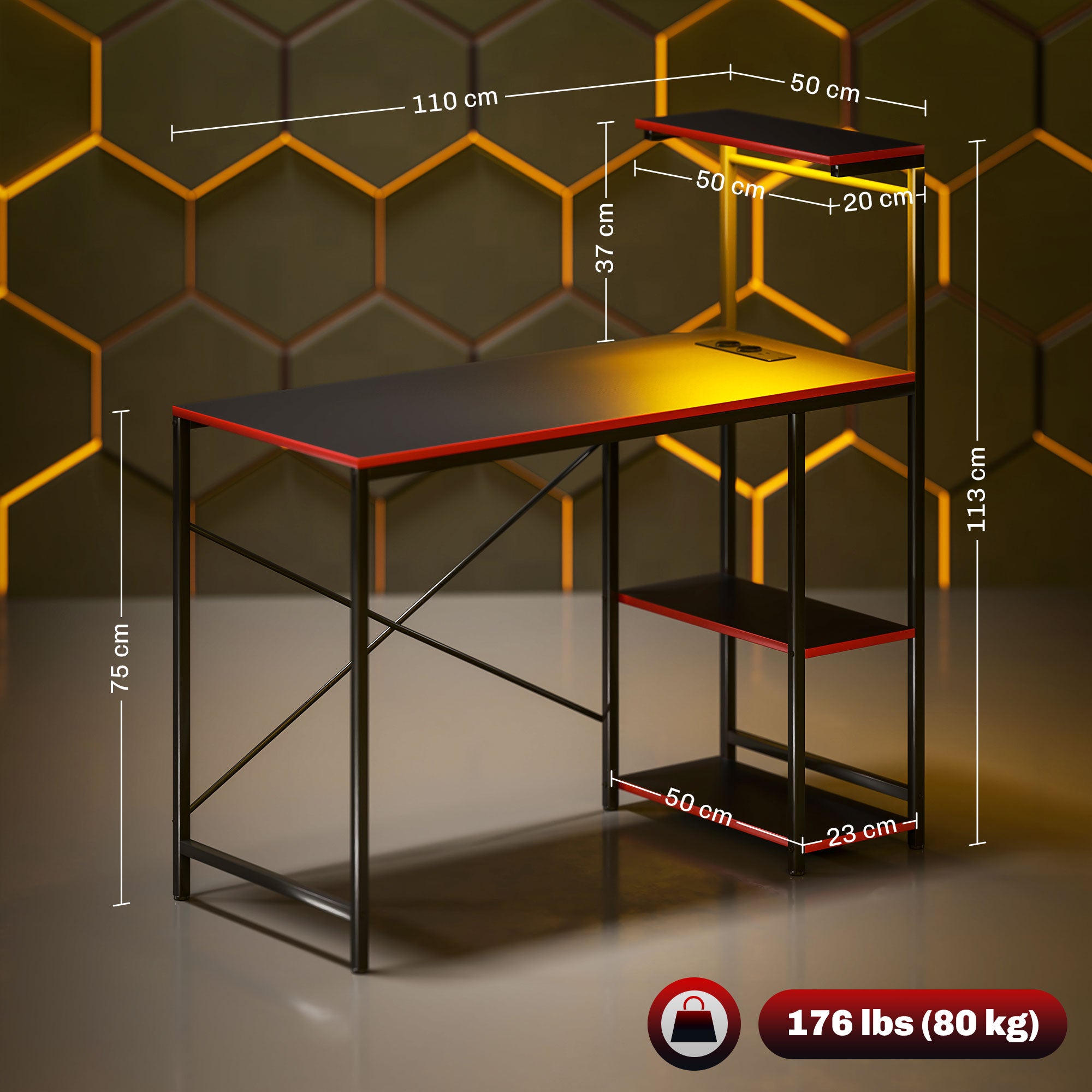 Secretária Gaming com Luzes LED 110x50x113 cm Preto e Vermelho