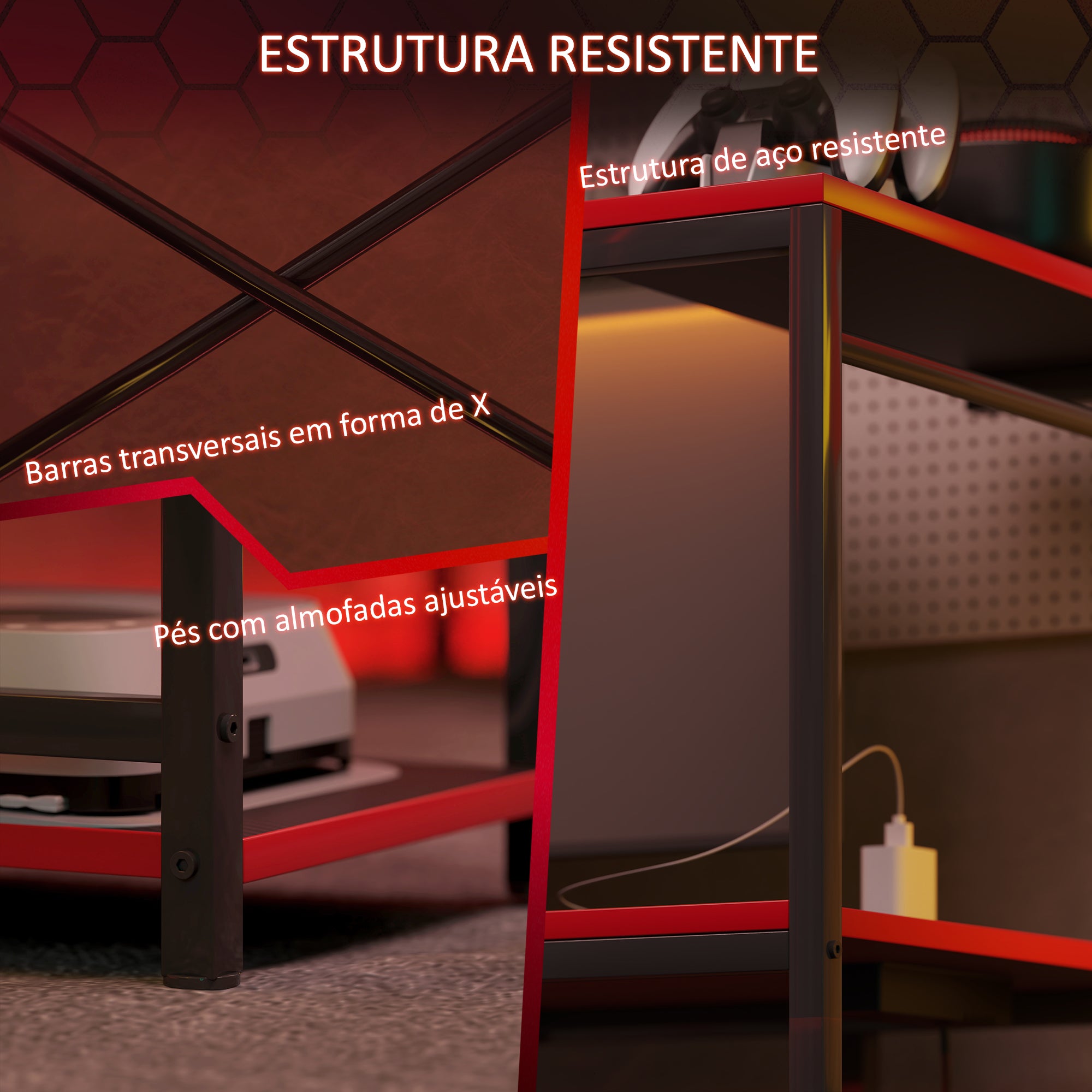 Secretária Gaming com Luzes LED 110x50x113 cm Preto e Vermelho