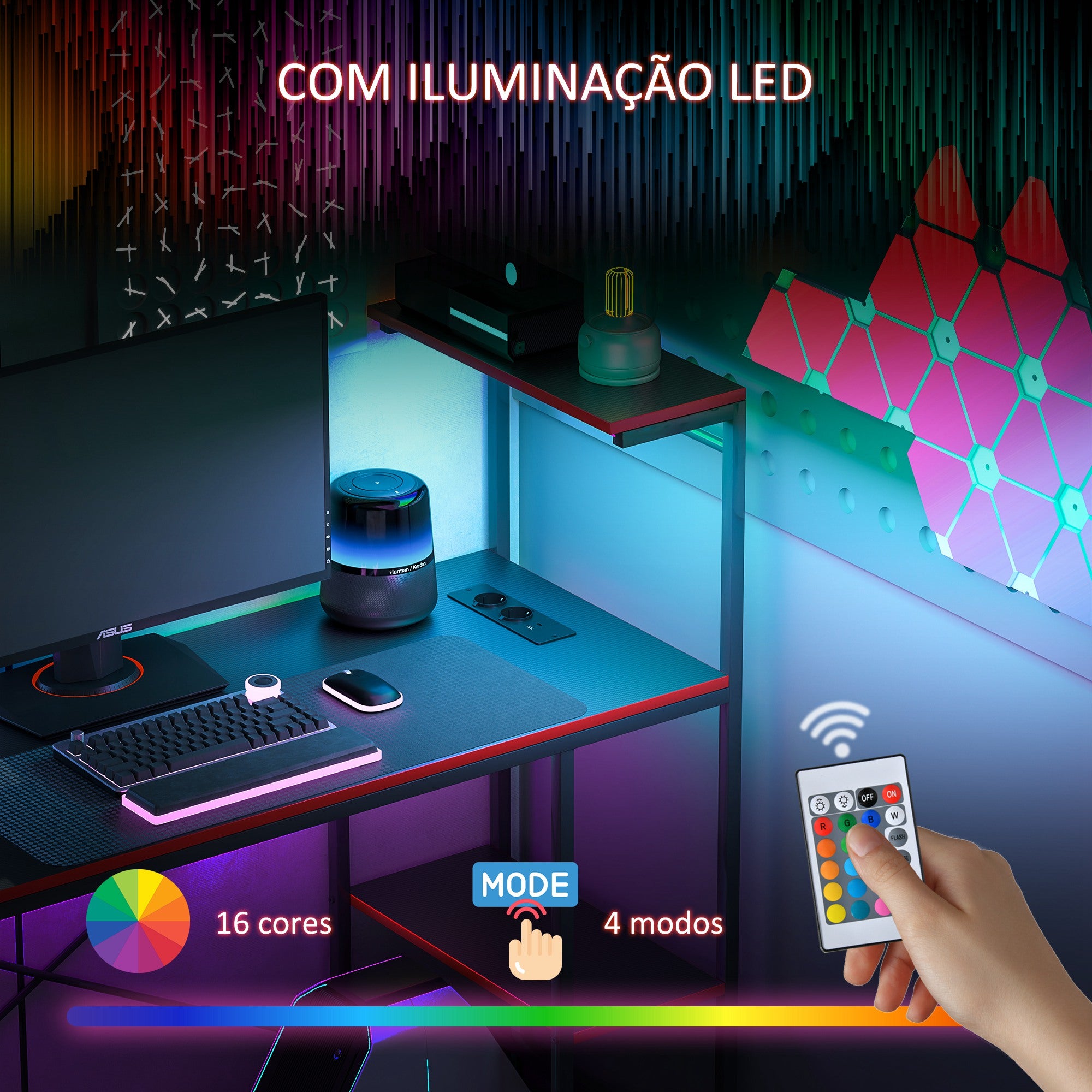 Secretária Gaming com Luzes LED 110x50x113 cm Preto e Vermelho