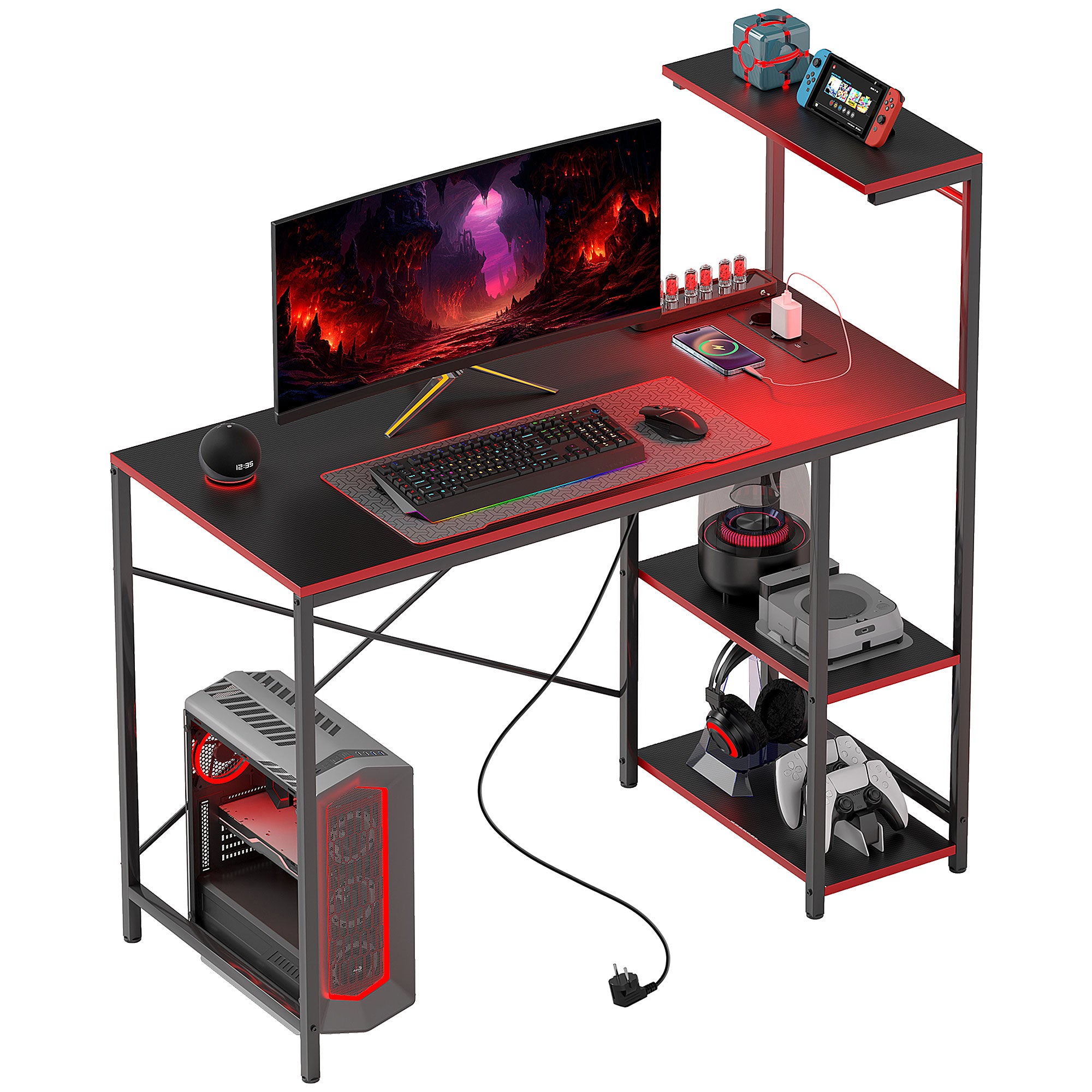 Secretária Gaming com Luzes LED 110x50x113 cm Preto e Vermelho