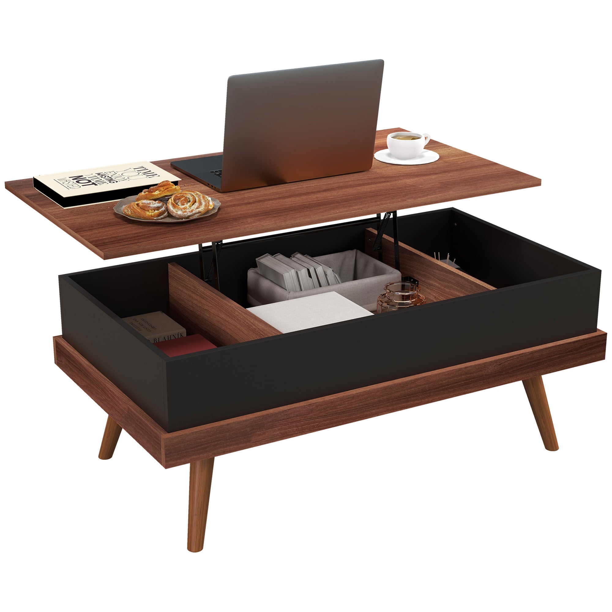 Mesa de Centro Elevatória com 3 Compartimentos de Armazenamento - 100x79x54 cm - Marrom e Preto