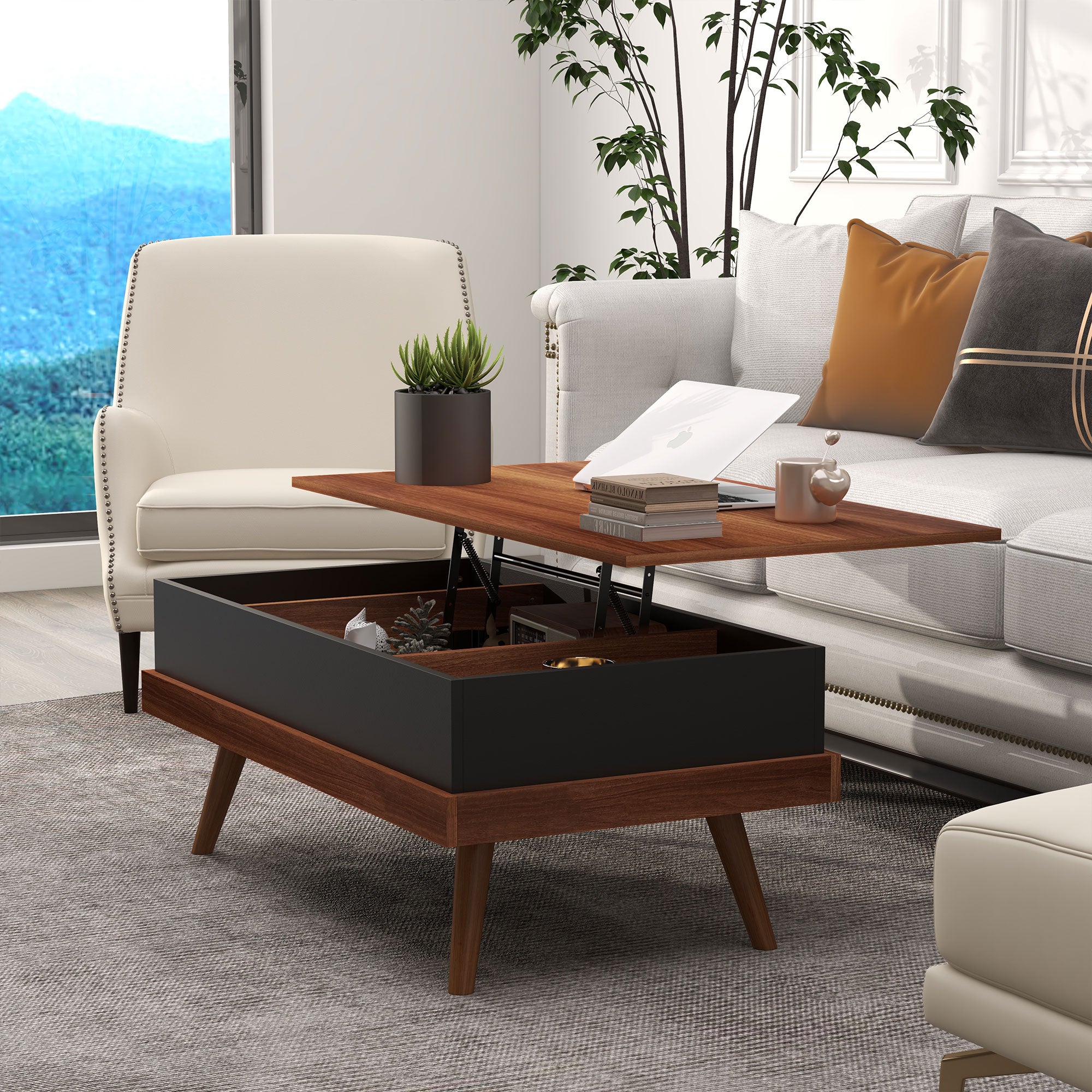 Mesa de Centro Elevatória com 3 Compartimentos de Armazenamento - 100x79x54 cm - Marrom e Preto