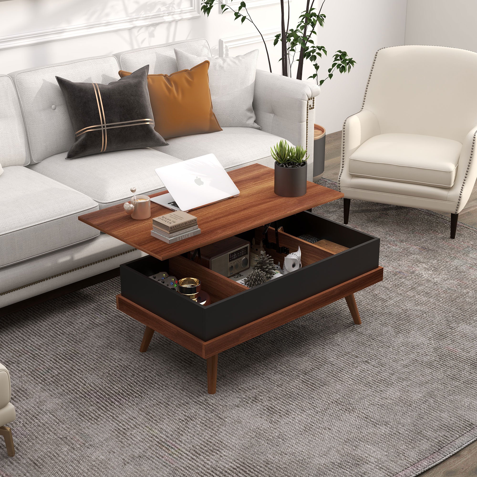 Mesa de Centro Elevatória com 3 Compartimentos de Armazenamento - 100x79x54 cm - Marrom e Preto