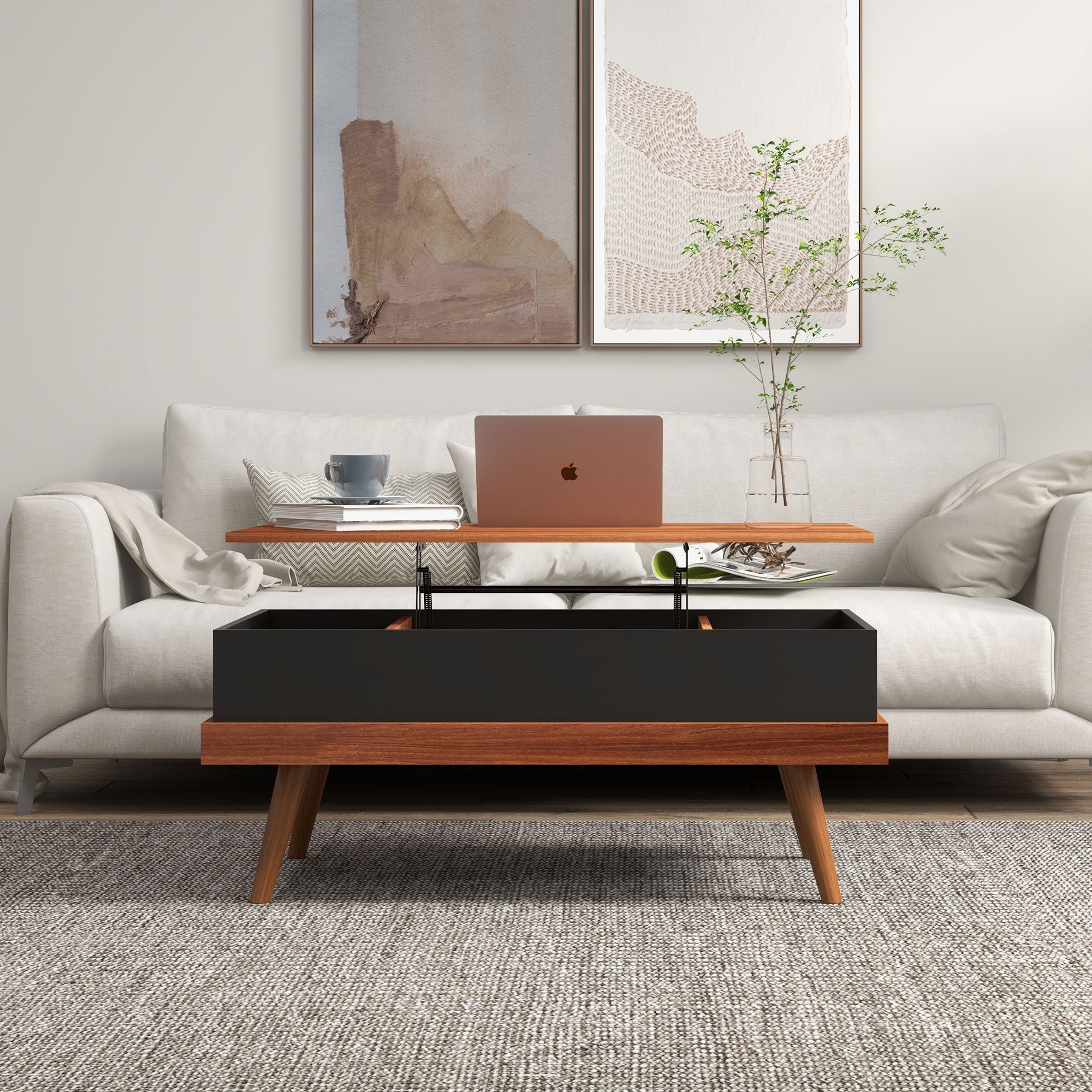 Mesa de Centro Elevatória com 3 Compartimentos de Armazenamento - 100x79x54 cm - Marrom e Preto