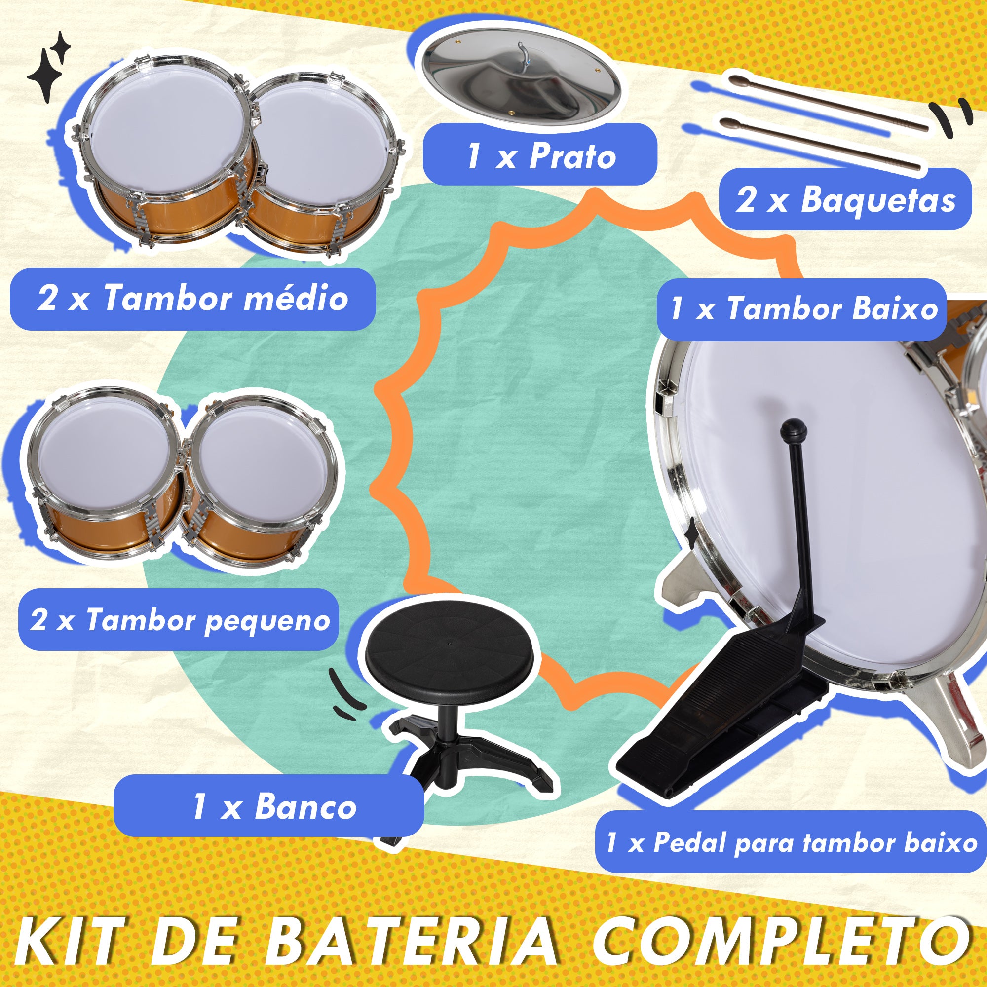 Bateria Infantil Completa Ouro 65x36x76 cm