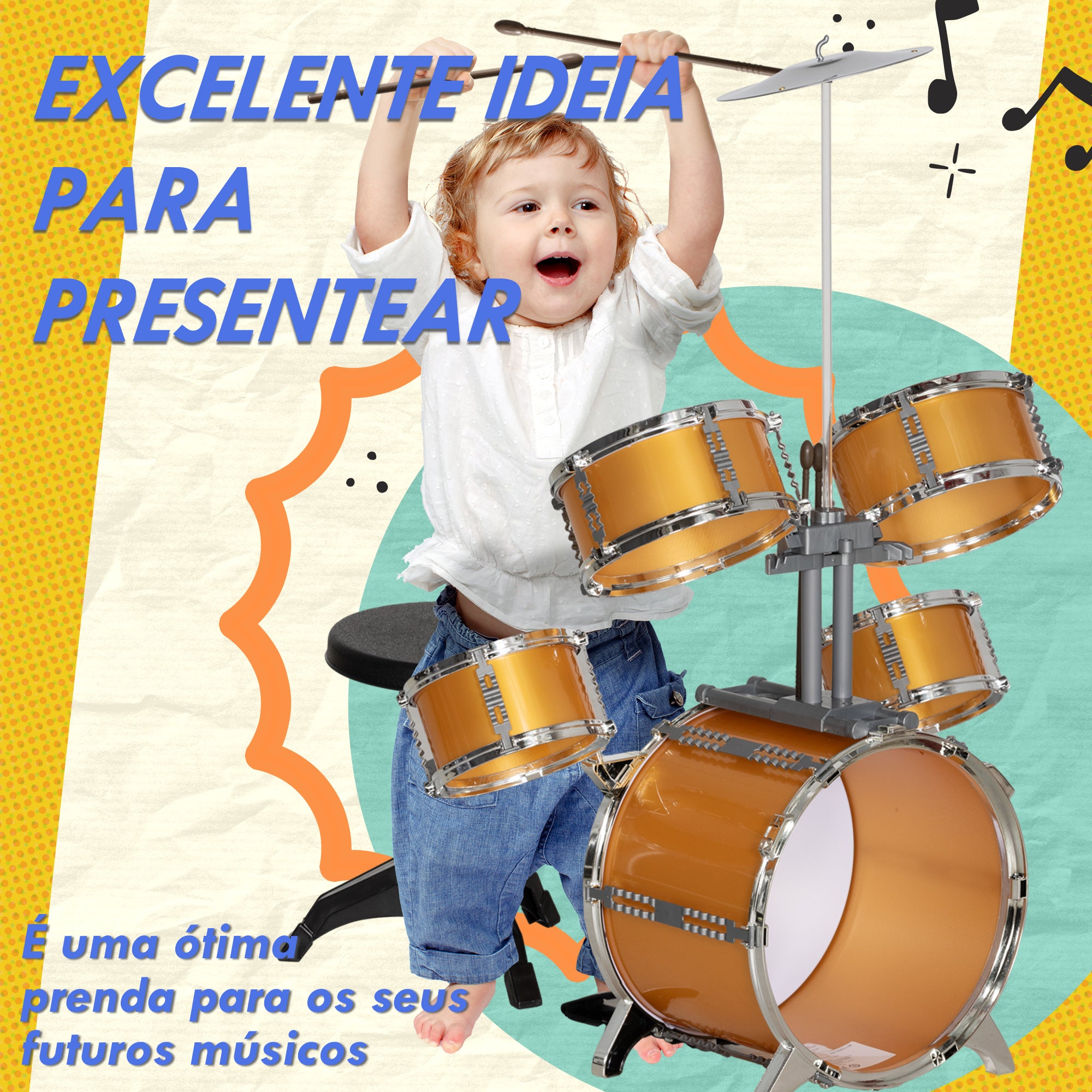 Bateria Infantil Completa Ouro 65x36x76 cm