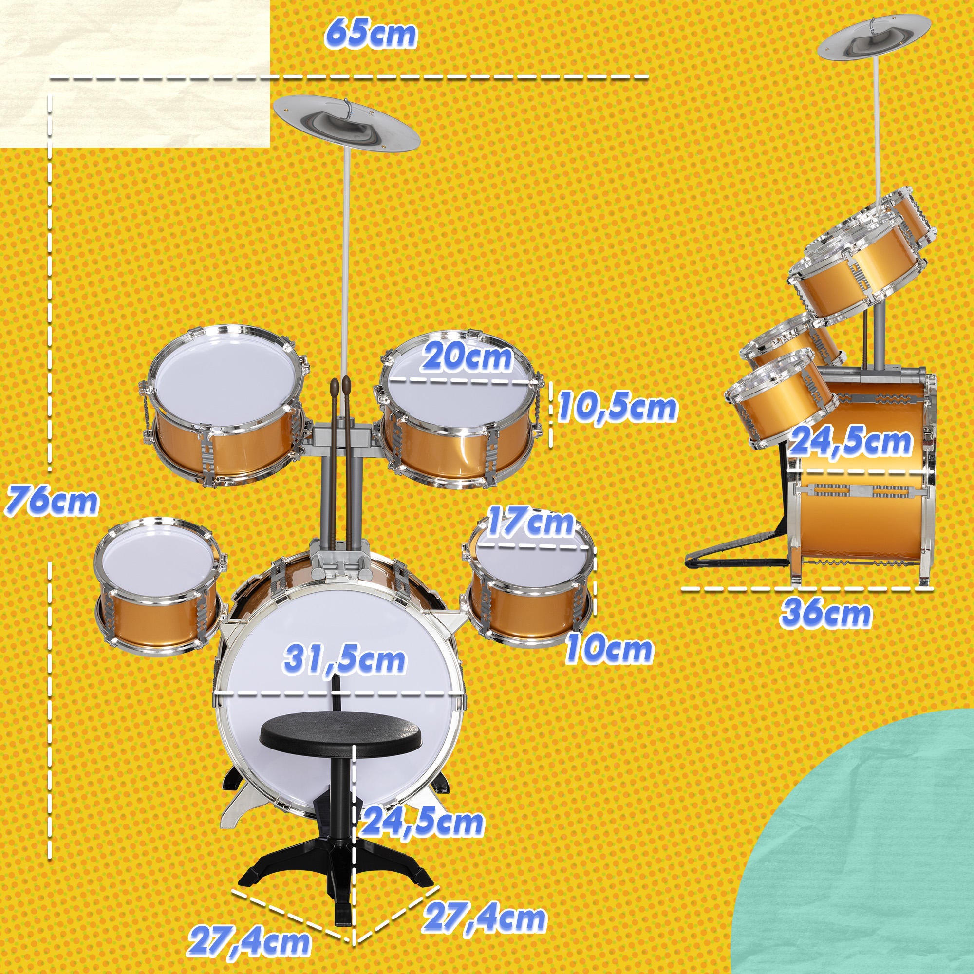 Bateria Infantil Completa Ouro 65x36x76 cm