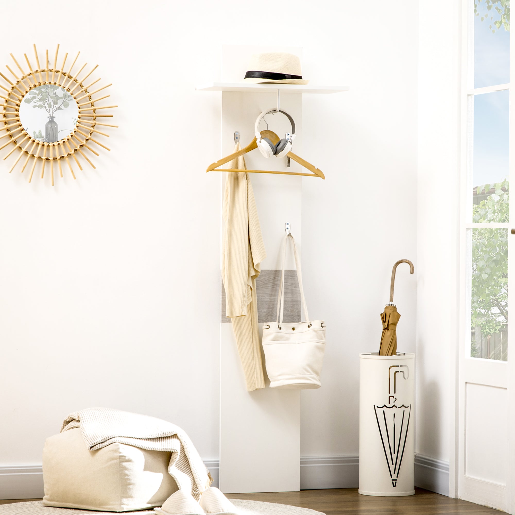 Cabide de Parede com 4 Ganchos e Barra Suspensa de Alumínio 50x23,5x160cm - Branco e Cinza
