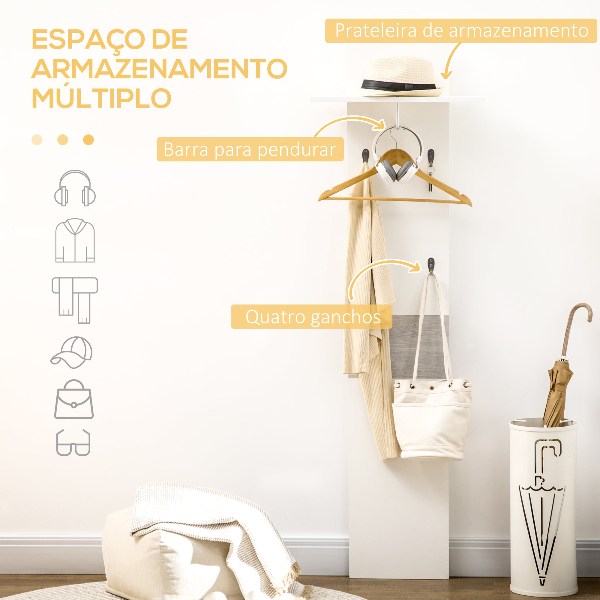 Cabide de Parede com 4 Ganchos e Barra Suspensa de Alumínio 50x23,5x160cm - Branco e Cinza