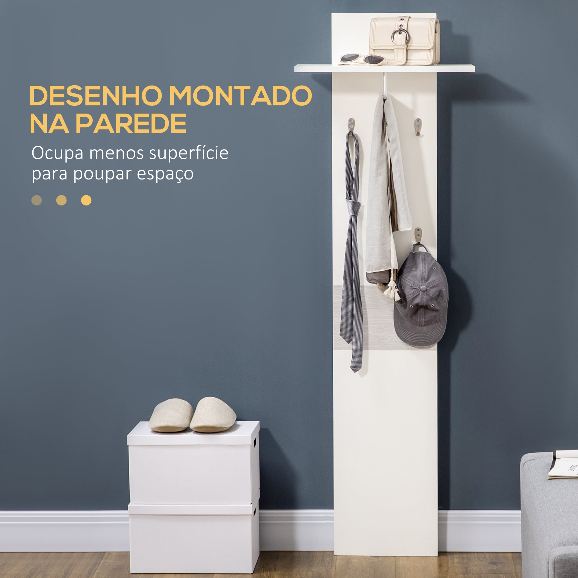 Cabide de Parede com 4 Ganchos e Barra Suspensa de Alumínio 50x23,5x160cm - Branco e Cinza