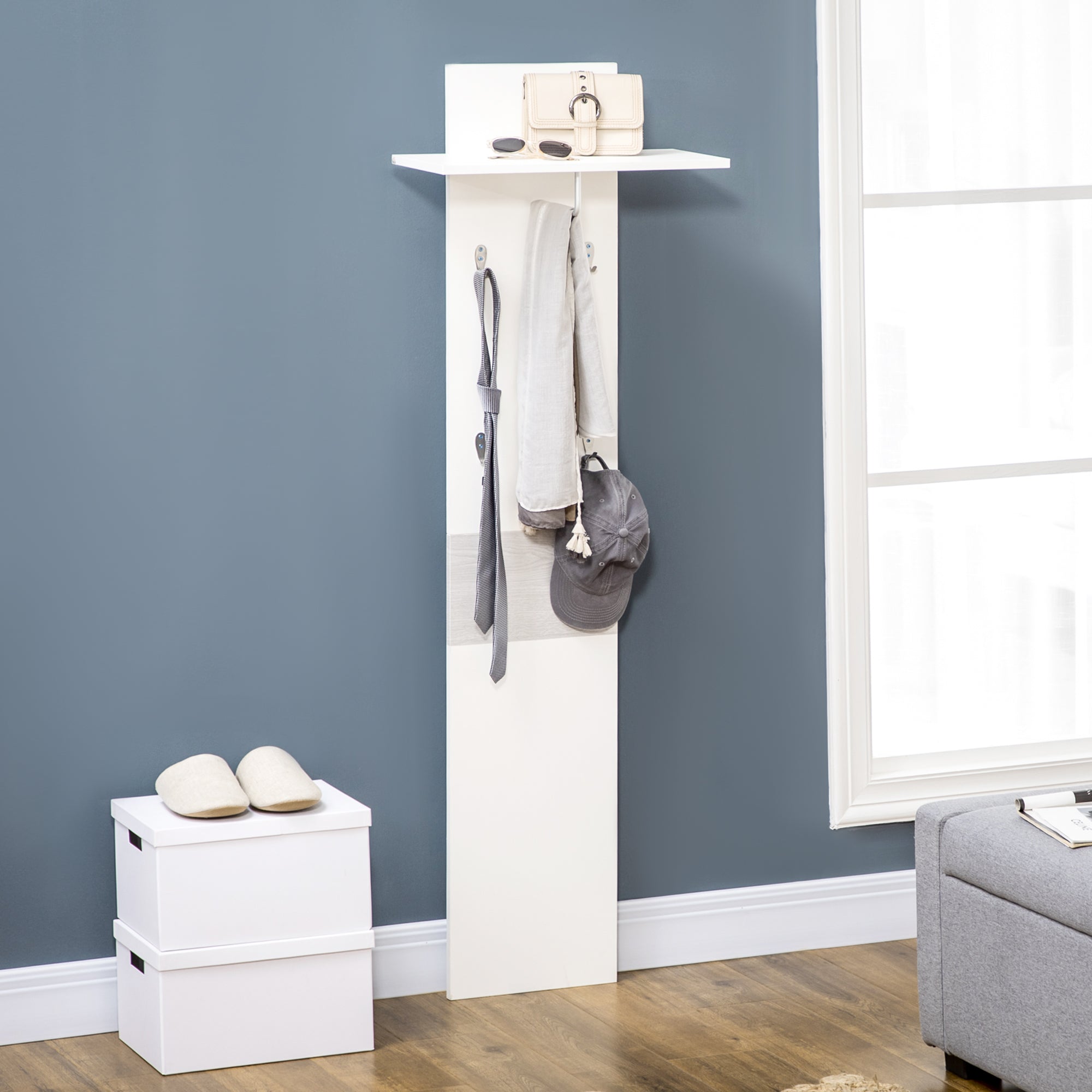 Cabide de Parede com 4 Ganchos e Barra Suspensa de Alumínio 50x23,5x160cm - Branco e Cinza