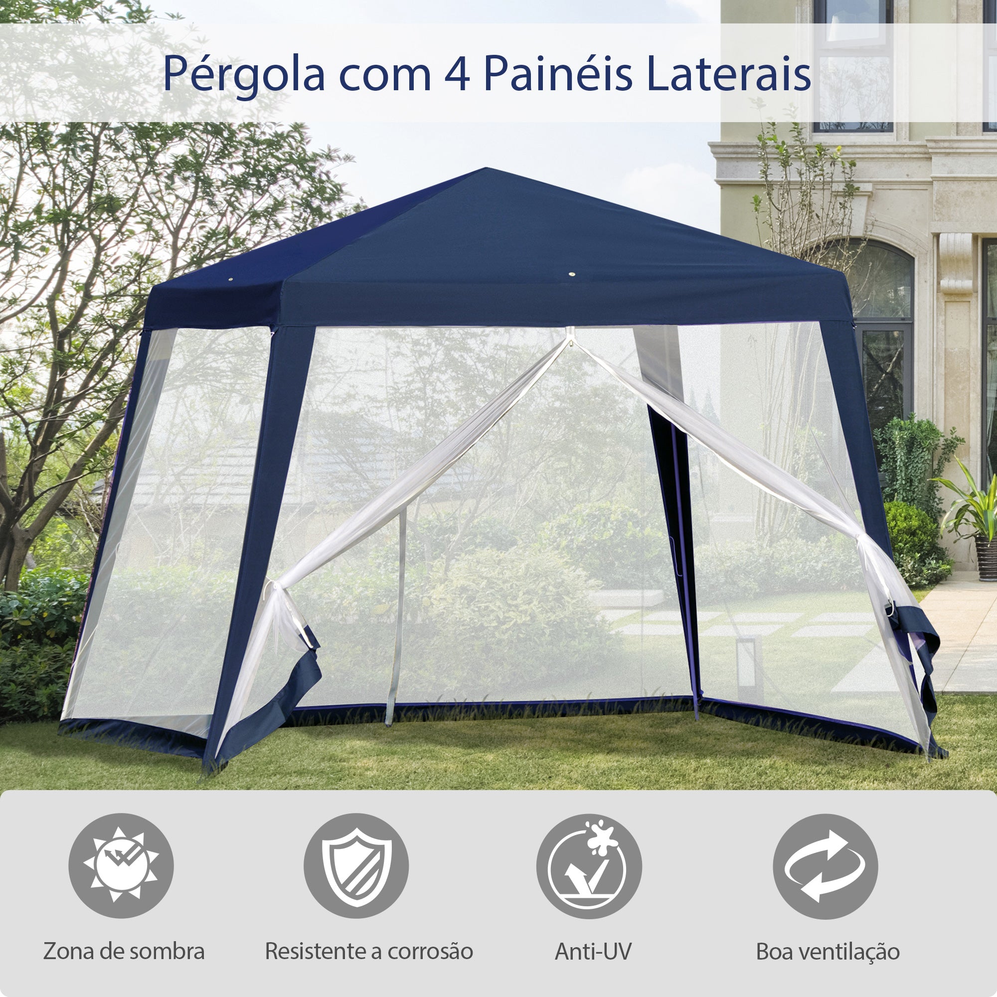 Tenda de Jardim Azul 300x300x245cm com Rede Mosquiteira e Proteção UV
