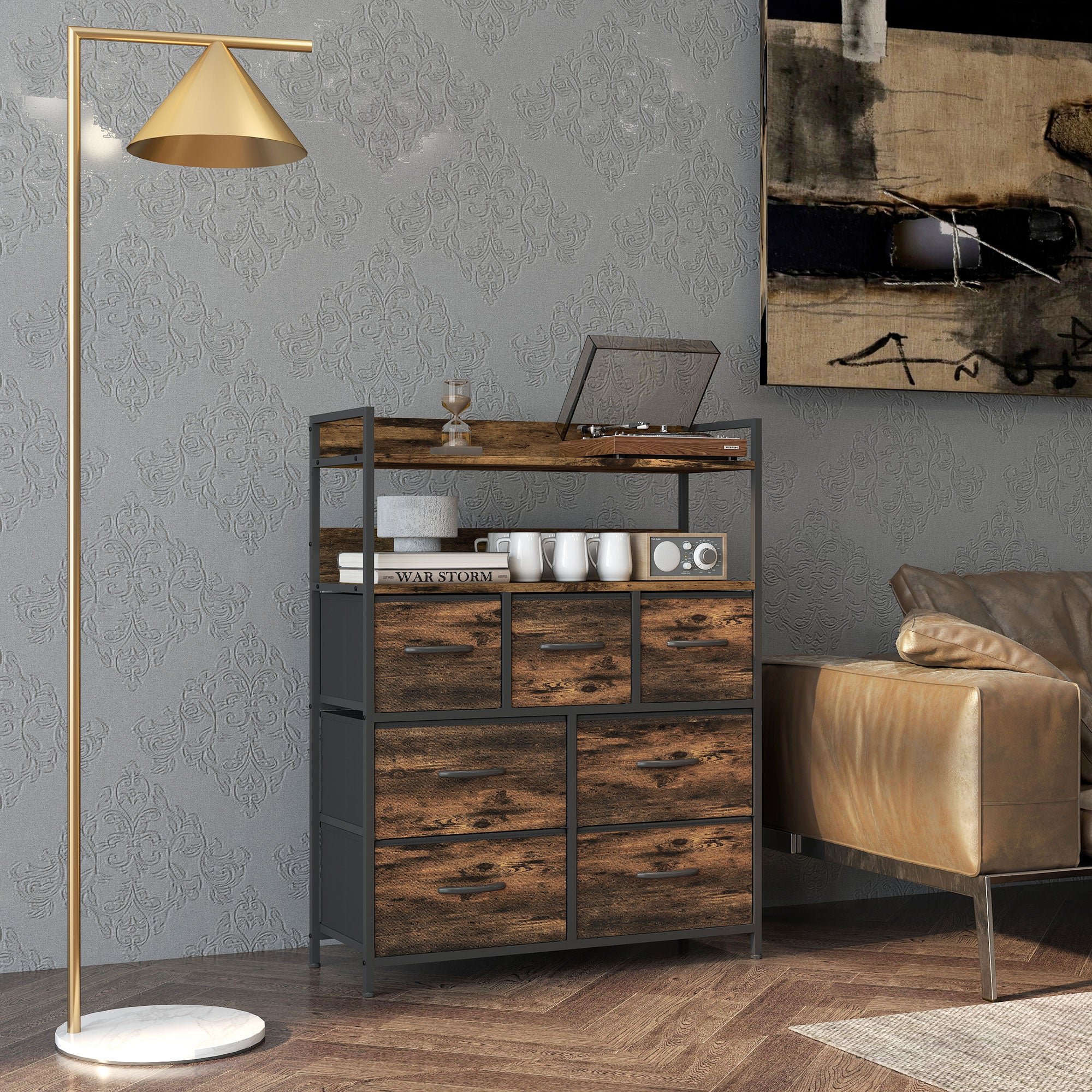 Cómoda Estreita 7 Gavetas Dobráveis 79x29x101 cm Marrom Rústico e Preto