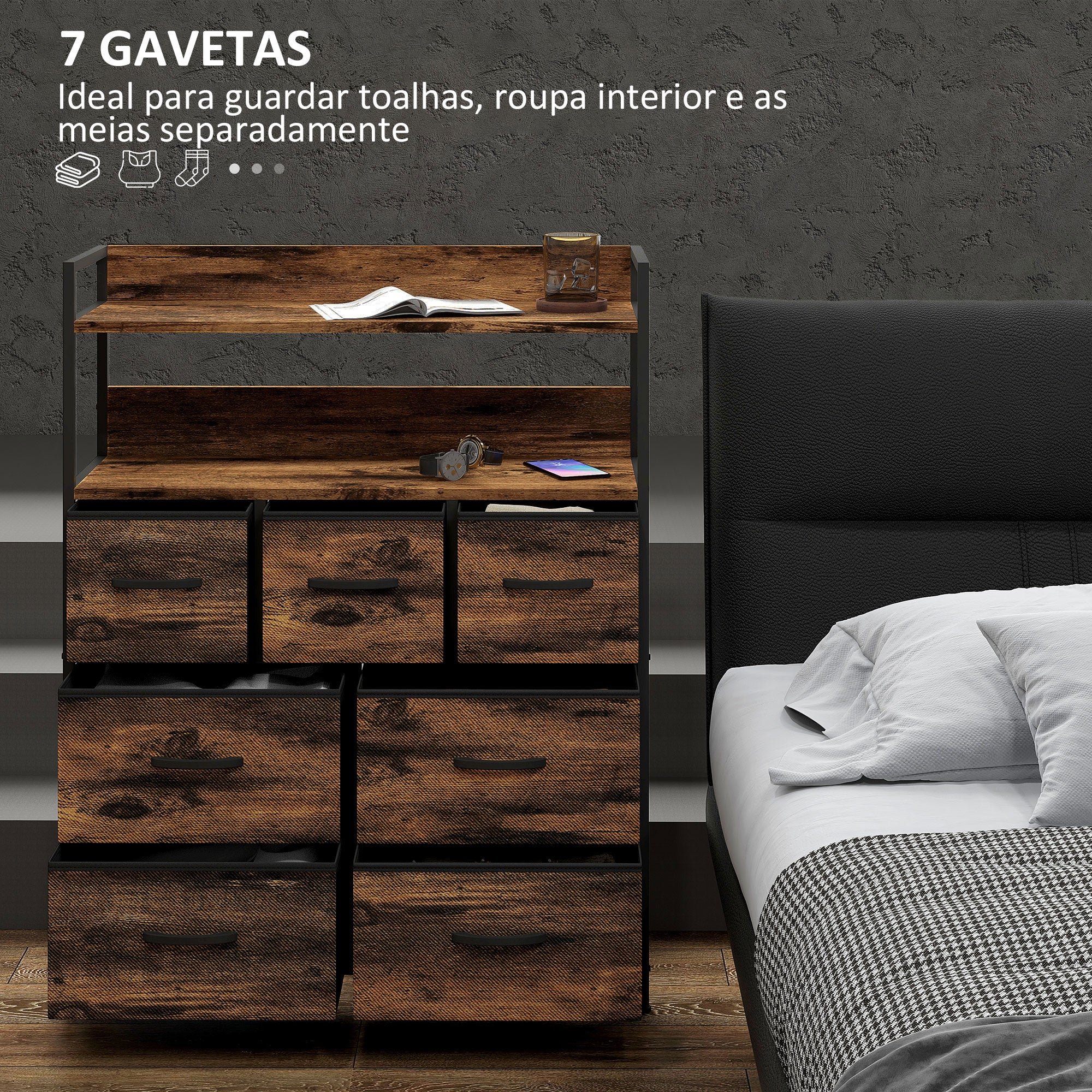 Cómoda Estreita 7 Gavetas Dobráveis 79x29x101 cm Marrom Rústico e Preto