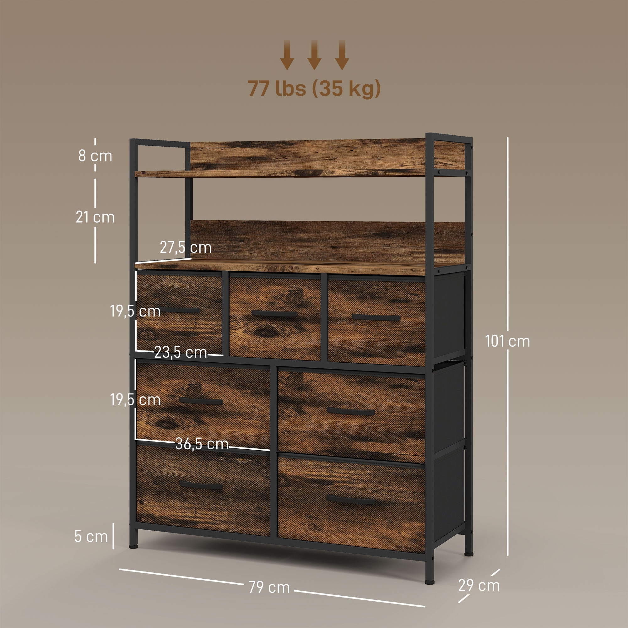 Cómoda Estreita 7 Gavetas Dobráveis 79x29x101 cm Marrom Rústico e Preto