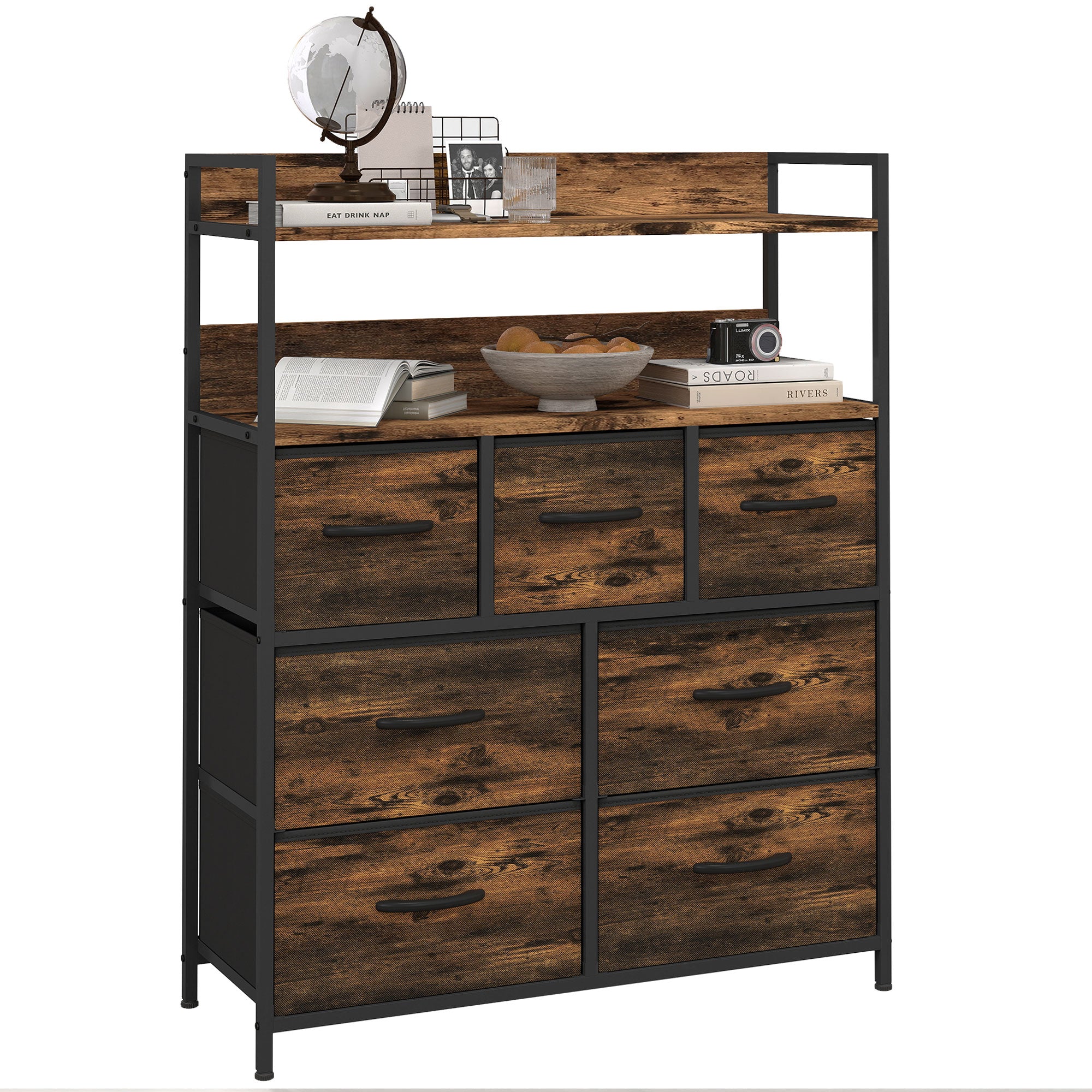 Cómoda Estreita 7 Gavetas Dobráveis 79x29x101 cm Marrom Rústico e Preto