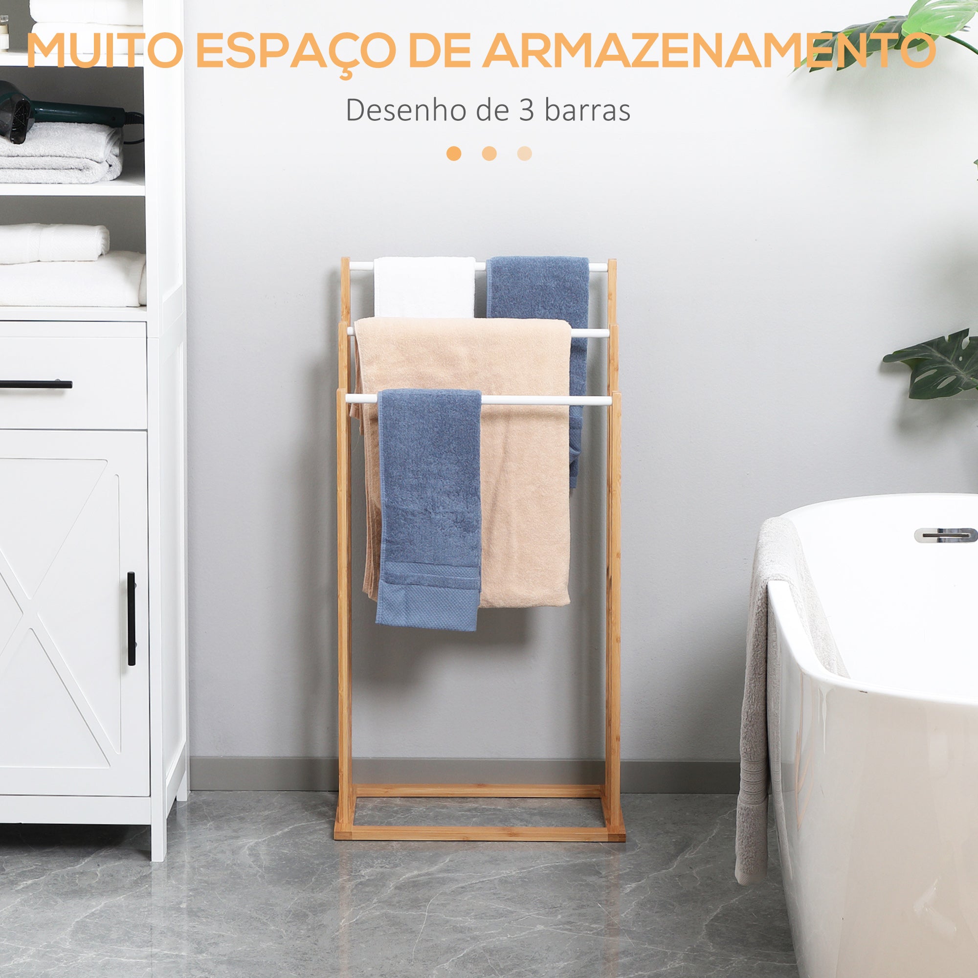 Toalheiro de Pé de Bambu com 3 Barras Cor de Madeira Natural 48x25,8x94cm