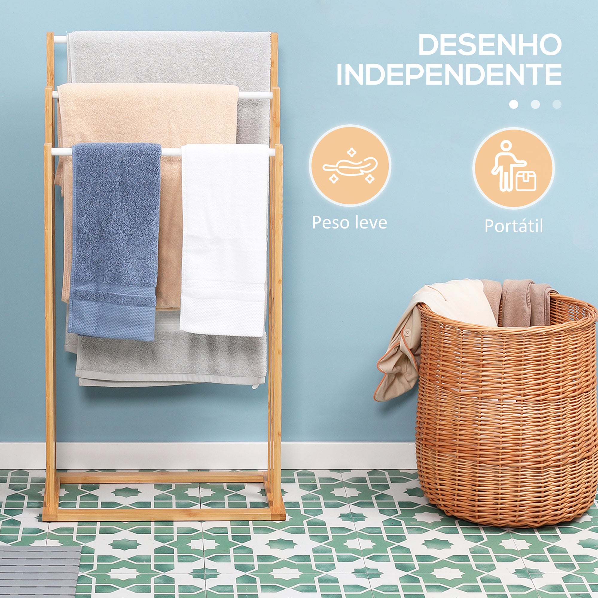 Toalheiro de Pé de Bambu com 3 Barras Cor de Madeira Natural 48x25,8x94cm