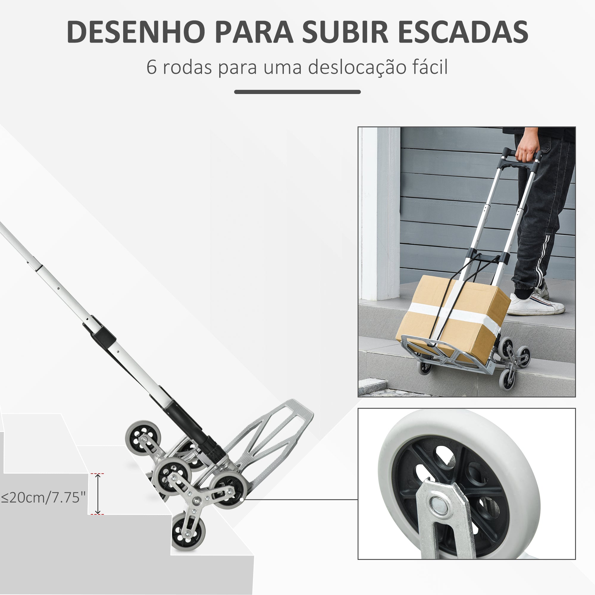 Carrinho de Mão Portátil para Escadas – 47x47x100 cm – Preto e Prata – Alumínio e Aço