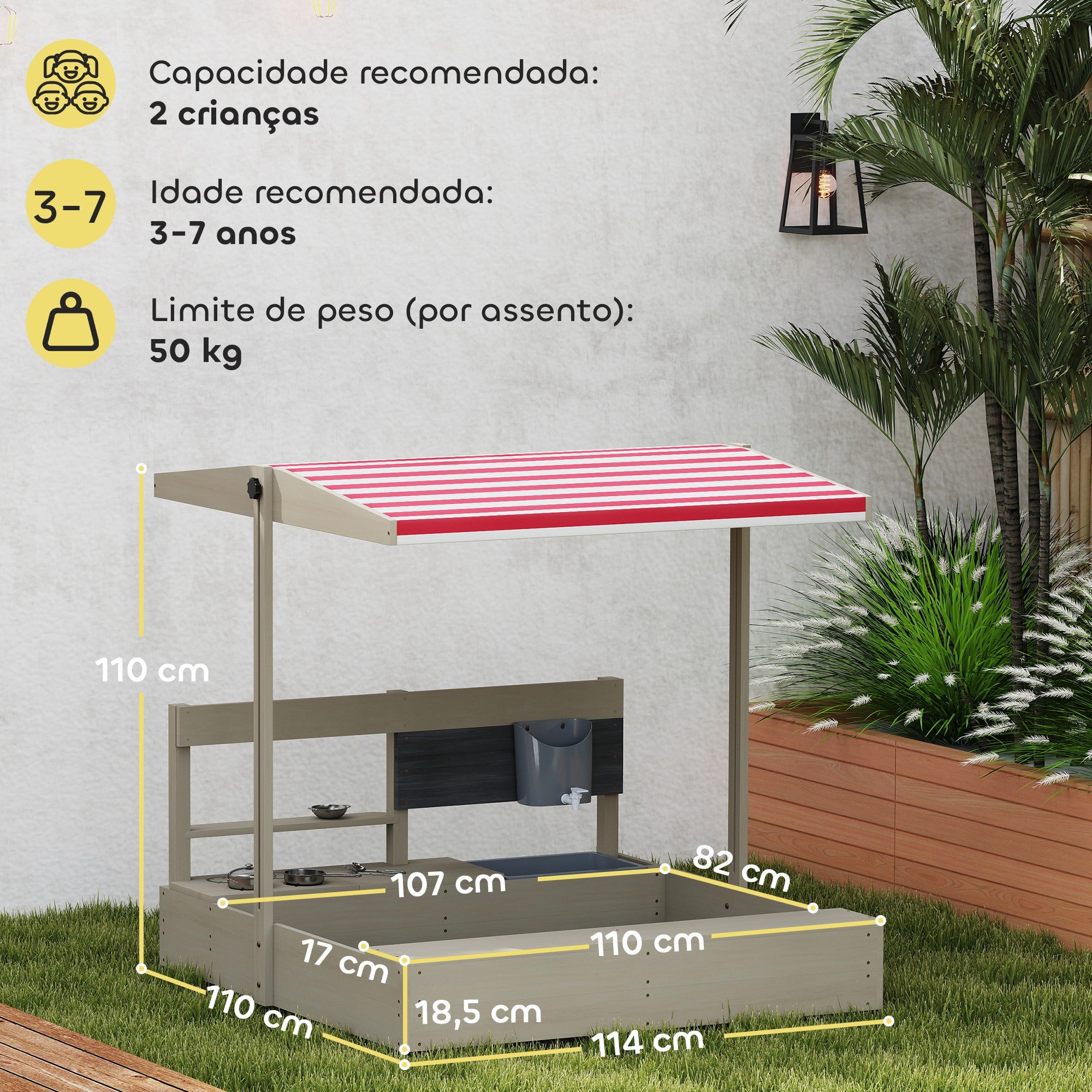 Caixa de Areia de Madeira para Crianças 114x110x110 cm - Cor de Madeira Natural