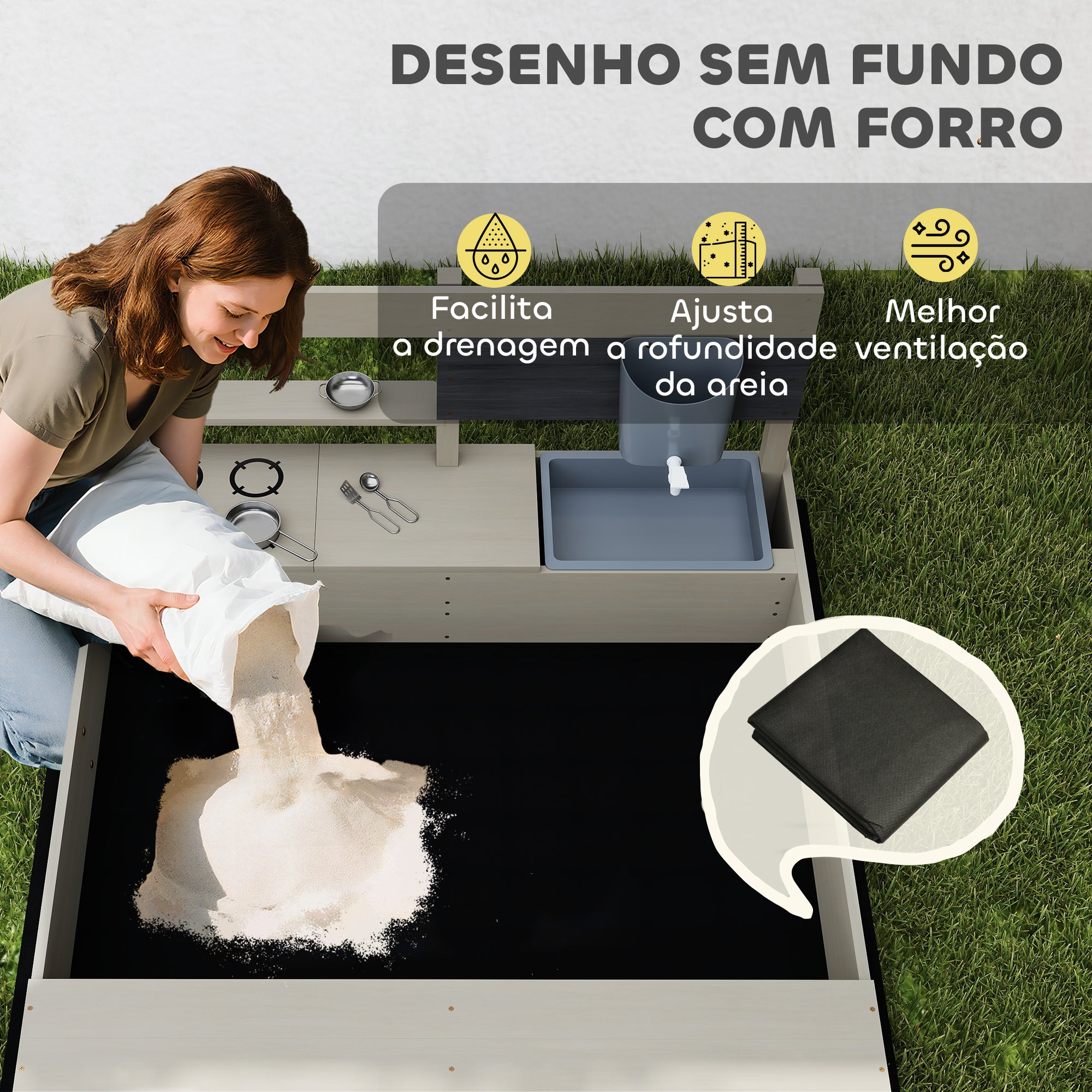 Caixa de Areia de Madeira para Crianças 114x110x110 cm - Cor de Madeira Natural
