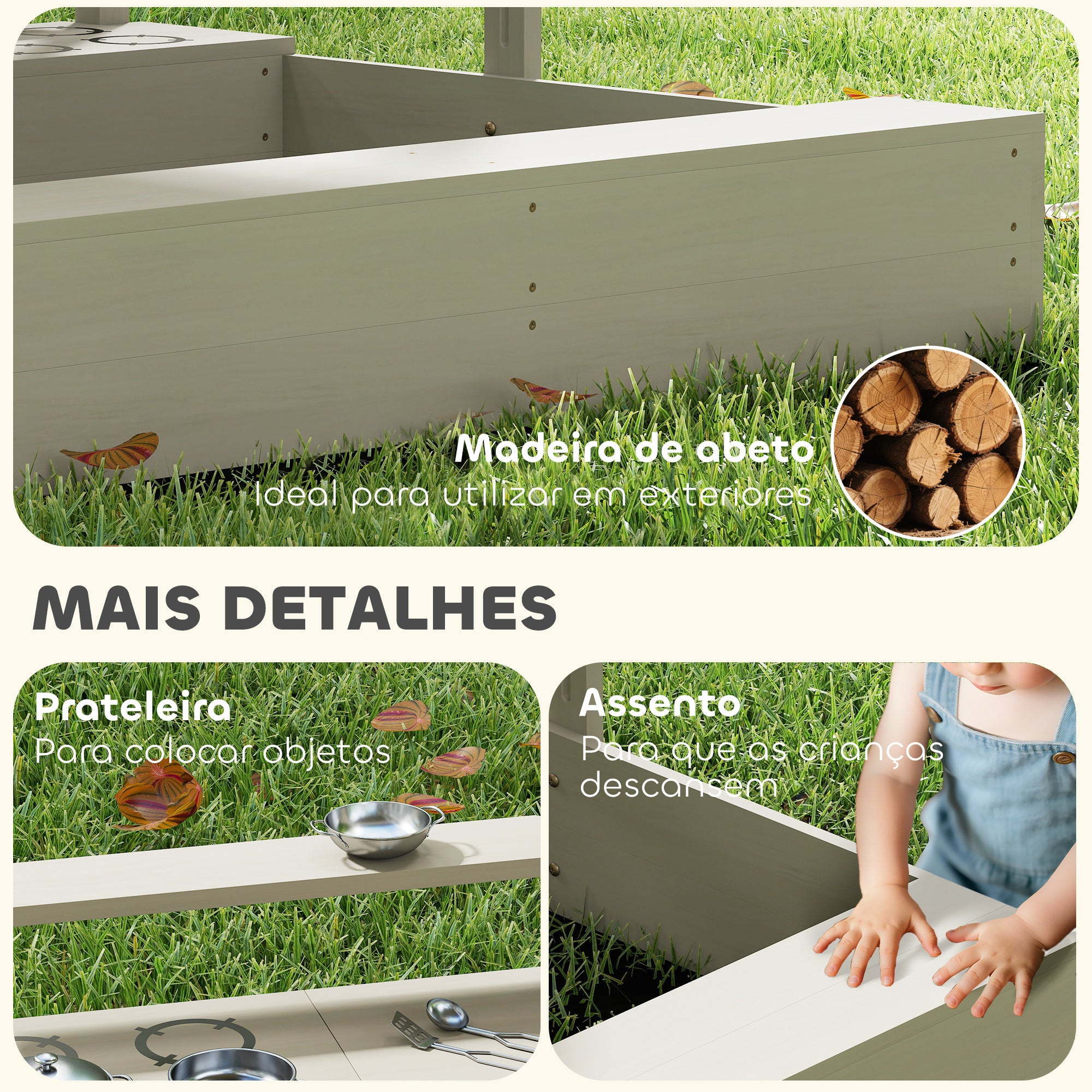 Caixa de Areia de Madeira para Crianças 114x110x110 cm - Cor de Madeira Natural