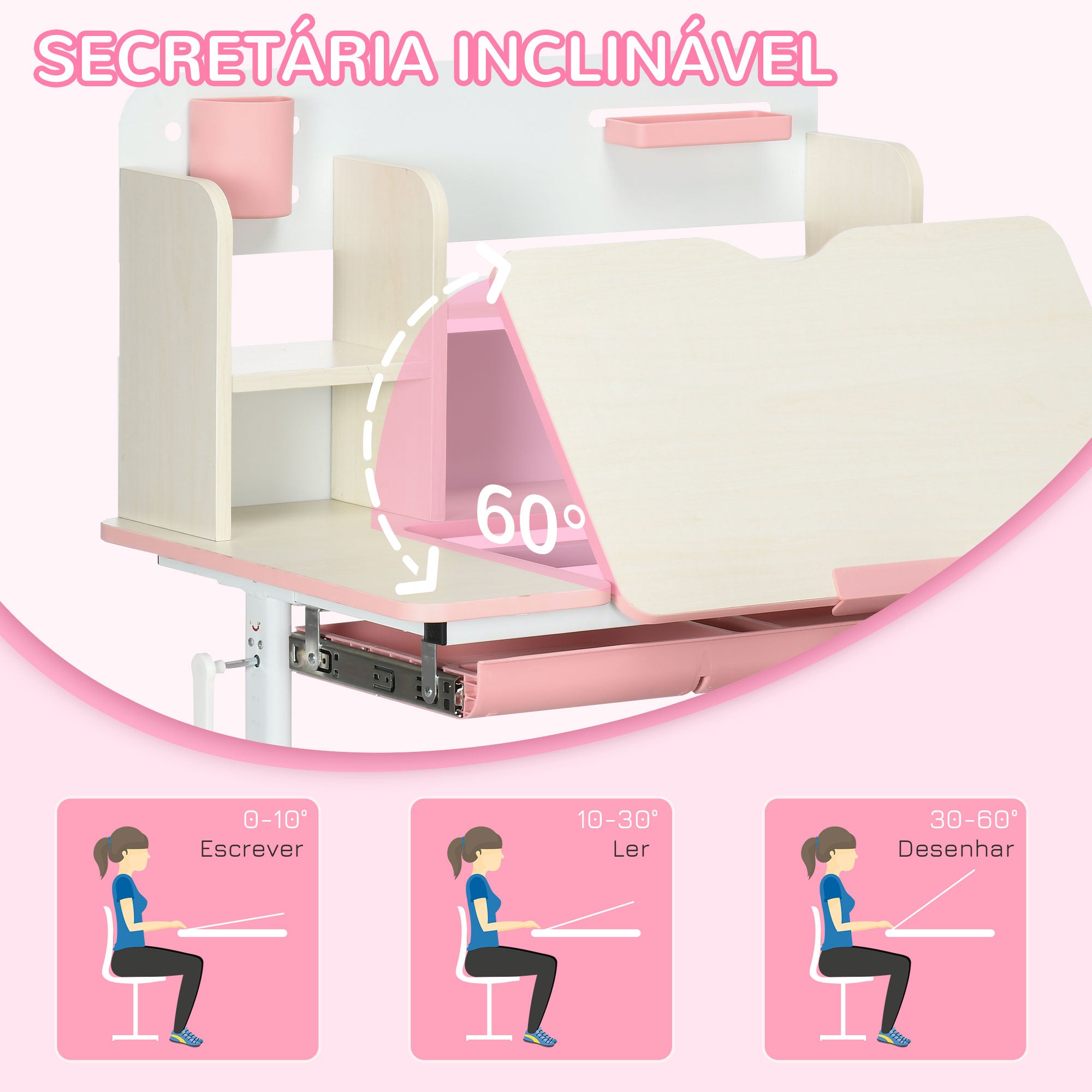 Conjunto de Secretária e Cadeira para Crianças – 80x52x88-109 cm – Rosa – Aço e MDF