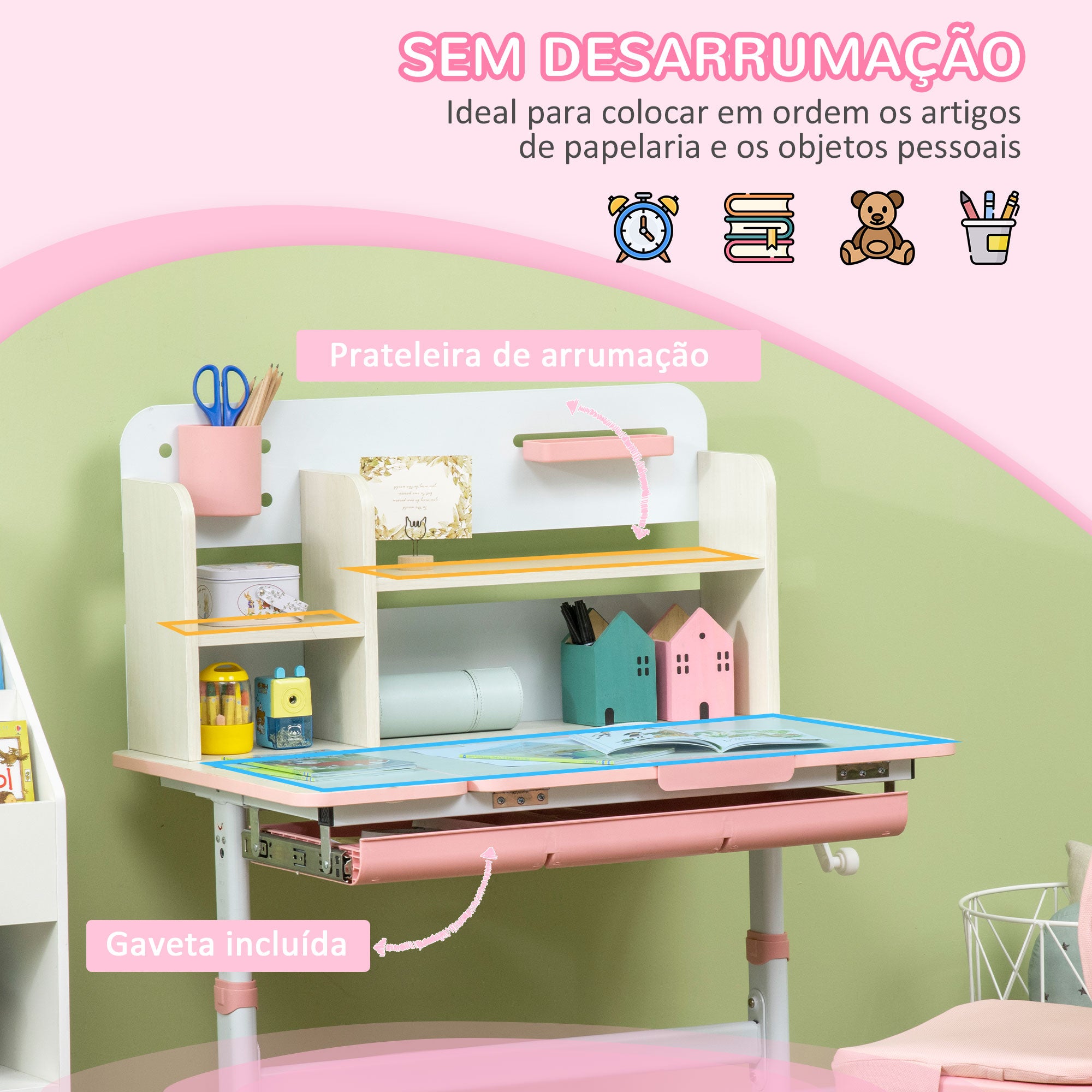 Conjunto de Secretária e Cadeira para Crianças – 80x52x88-109 cm – Rosa – Aço e MDF