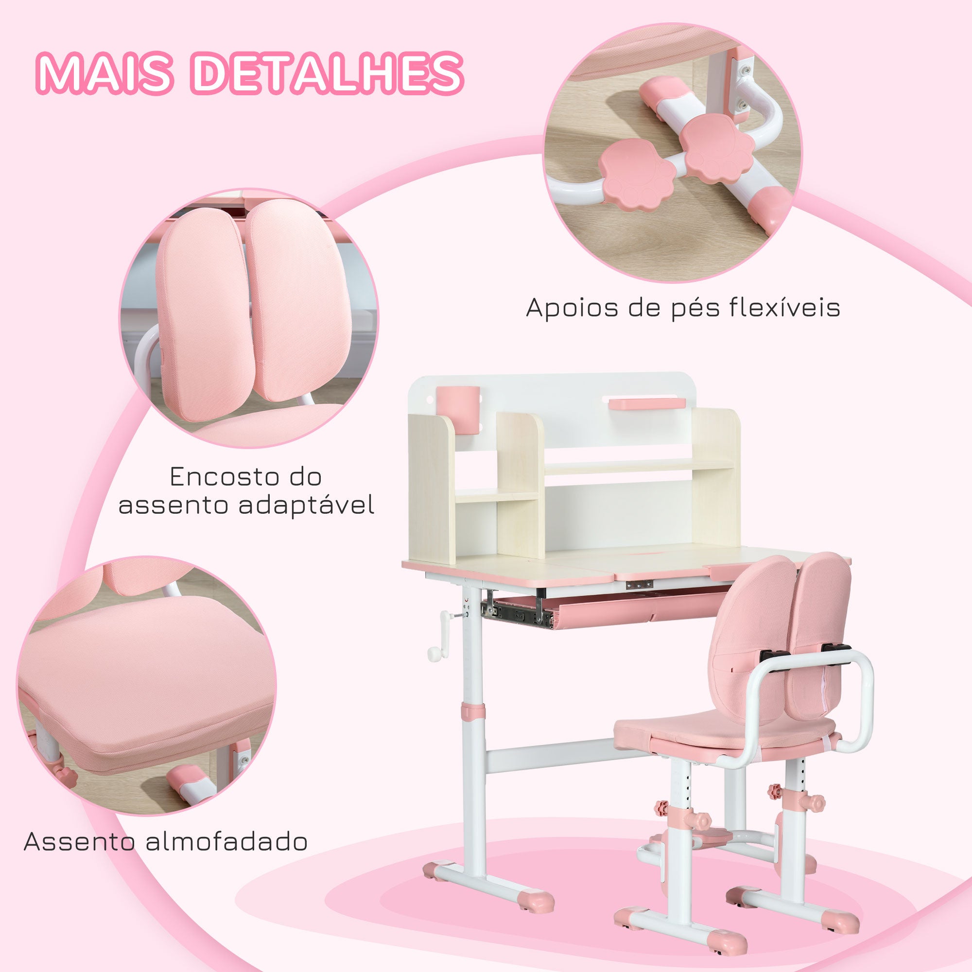 Conjunto de Secretária e Cadeira para Crianças – 80x52x88-109 cm – Rosa – Aço e MDF